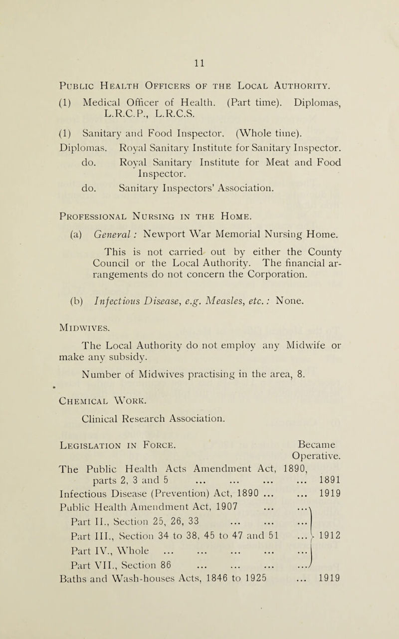 Public Health Officers of the Local Authority. (1) Medical Officer of Health. (Part time). Diplomas, L.R.C.P., L.R.C.S. (1) Sanitary and Food Inspector. (Whole time). Diplomas. Royal Sanitary Institute for Sanitary Inspector. do. Royal Sanitary Institute for Meat and Food Inspector. do. Sanitary Inspectors’ Association. Professional Nursing in the Home. (a) General: Newport War Memorial Nursing Home. This is not carried out by either the County Council or the Local Authority. The financial ar¬ rangements do not concern the Corporation. (b) Infections Disease, e.g. Measles, etc.: None. Midwives. The Local Authority do not employ any Midwife or make any subsidy. Number of Midwives practising in the area, 8. Chemical Work. Clinical Research Association. Legislation in Force. Became Operative. The Public Health Acts Amendment Act, 1890, parts 2, 3 and 5 ... ... ... ... 1891 Infectious Disease (Prevention) Act, 1890 ... ... 1919 Public Health Amendment Act, 1907 ... . ..\ Part II., Section 25, 26, 33 Part III., Section 34 to 38, 45 to 47 and 51 ... \ 1912 Part IV., Whole Part VII., Section 86 ... ... ... .../ Baths and Wash-houses Acts, 1846 to 1925 ... 1919