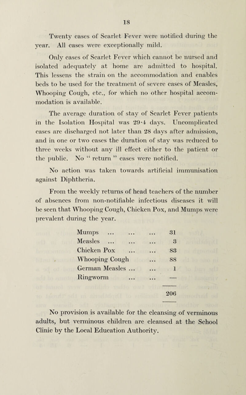 Twenty cases of Scarlet Fever were notified during the year. All cases were exceptionally mild. Only cases of Scarlet Fever which cannot be nursed and isolated adequately at home are admitted to hospital. This lessens the strain on the accommodation and enables beds to be used for the treatment of severe cases of Measles, Whooping Cough, etc., for which no other hospital accom¬ modation is available. The average duration of stay of Scarlet Fever patients in the Isolation Hospital was 29*4 days. Uncomplicated eases are discharged not later than 28 days after admission, and in one or two cases the duration of stay was reduced to three weeks without any ill effect either to the patient or the public. No “ return ” cases were notified. No action was taken towards artificial immunisation against Diphtheria. From the weekly returns of head teachers of the number of absences from non-notifiable infectious diseases it will be seen that Whooping Cough, Chicken Pox, and Mumps were prevalent during the year. Mumps Measles Chicken Pox Whooping Cough German Measles . Ringworm 31 3 83 88 1 206 No provision is available for the cleansing of verminous adults, but verminous children are cleansed at the School Clinic by the Local Education Authority.