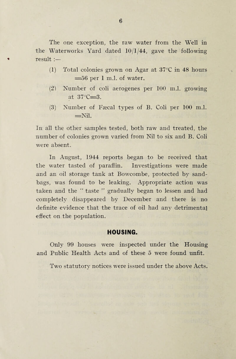The one exception, the raw water from the Well in the Waterworks Yard dated 10/1/44, gave the following result :— (1) Total colonies grown on Agar at 37°C in 48 hours =56 per 1 m.l. of water. (2) Number of coli aerogenes per 100 m.l. growing at 37°C=3. (3) Number of Fsecal types of B. Coli per 100 m.l. =Nil. In all the other samples tested, both raw and treated, the number of colonies grown varied from Nil to six and B. Coli were absent. In August, 1944 reports began to be received that the water tasted of paraffin. Investigations were made and an oil storage tank at Bowcombe, protected by sand¬ bags, was found to be leaking. Appropriate action was taken and the “ taste ” gradually began to lessen and had completely disappeared by December and there is no definite evidence that the trace of oil had any detrimental effect on the population. HOUSING. Only 99 houses were inspected under the Housing and Public Health Acts and of these 5 were found unfit. Two statutory notices were issued under the above Acts.