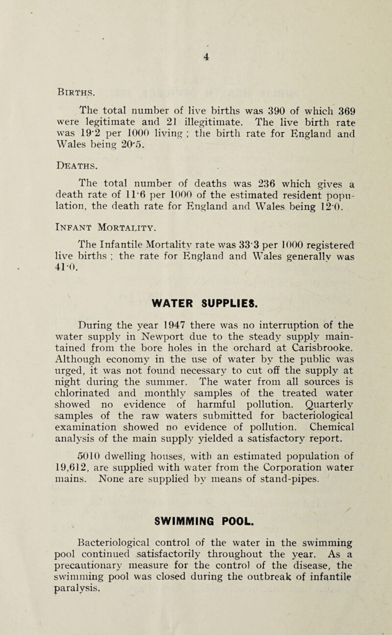Births. The total number of live births was 390 of which 369 were legitimate and 21 illegitimate. The live birth rate was 19*2 per 1000 living ; the birth rate for England and Wales being 20*5. Deaths. The total number of deaths was 236 which gives a death rate of 11*6 per 1000 of the estimated resident popu¬ lation, the death rate for England and Wales being 12*0. Infant Mortality. The Infantile Mortality rate was 33*3 per 1000 registered live births ; the rate for England and Wales generally was 410. WATER SUPPLIES. During the year 1947 there was no interruption of the water supply in Newport due to the steady supply main¬ tained from the bore holes in the orchard at Carisbrooke. Although economy in the use of water by the public was urged, it was not found necessary to cut off the supply at night during the summer. The water from all sources is chlorinated and monthly samples of the treated water showed no evidence of harmful pollution. Quarterly samples of the raw waters submitted for bacteriological examination showed no evidence of pollution. Chemical analysis of the main supply yielded a satisfactory report. 5010 dwelling houses, with an estimated population of 19,612, are supplied with water from the Corporation water mains. None are supplied by means of stand-pipes. SWIMMING POOL. Bacteriological control of the water in the swimming pool continued satisfactorily throughout the year. As a precautionary measure for the control of the disease, the swimming pool was closed during the outbreak of infantile paralysis,