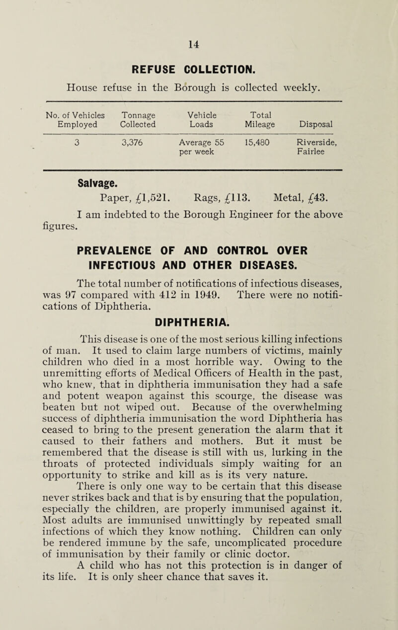 REFUSE COLLECTION. House refuse in the Borough is collected weekly. No. of Vehicles Tonnage Vehicle Total Employed Collected Loads Mileage Disposal 3 3,376 Average 55 per week 15,480 Riverside, Fairlee Salvage. Paper, £1,521. Rags, £113. Metal, £43. I am indebted to the Borough Engineer for the above figures. PREVALENCE OF AND CONTROL OVER INFECTIOUS AND OTHER DISEASES. The total number of notifications of infectious diseases, was 97 compared with 412 in 1949. There were no notifi¬ cations of Diphtheria. DIPHTHERIA. This disease is one of the most serious killing infections of man. It used to claim large numbers of victims, mainly children who died in a most horrible way. Owing to the unremitting efforts of Medical Officers of Health in the past, who knew, that in diphtheria immunisation they had a safe and potent weapon against this scourge, the disease was beaten but not wiped out. Because of the overwhelming success of diphtheria immunisation the word Diphtheria has ceased to bring to the present generation the alarm that it caused to their fathers and mothers. But it must be remembered that the disease is still with us, lurking in the throats of protected individuals simply waiting for an opportunity to strike and kill as is its very nature. There is only one way to be certain that this disease never strikes back and that is by ensuring that the population, especially the children, are properly immunised against it. Most adults are immunised unwittingly by repeated small infections of which they know nothing. Children can only be rendered immune by the safe, uncomplicated procedure of immunisation by their family or clinic doctor. A child who has not this protection is in danger of its life. It is only sheer chance that saves it.