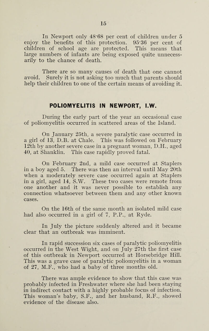 In Newport only 48'68 per cent of children under 5 enjoy the benefits of this protection. 95'36 per cent of children of school age are protected. This means that large numbers of infants are being exposed quite unnecess¬ arily to the chance of death. There are so many causes of death that one cannot avoid. Surely it is not asking too much that parents should help their children to one of the certain means of avoiding it. POLIOMYELITIS IN NEWPORT, I.W. During the early part of the year an occasional case of poliomyelitis occurred in scattered areas of the Island. On January 25th, a severe paralytic case occurred in a girl of 13, D.B. at Chale. This was followed on February 12th by another severe case in a pregnant woman, D.H., aged 40, at Shanklin. This case rapidly proved fatal. On February 2nd, a mild case occurred at Staplers in a boy aged 5. There was then an interval until May 20th when a moderately severe case occurred again at Staplers in a girl, aged 14, S.W. These two cases were remote from one another and it was never possible to establish any connection whatsoever between them and any other known cases. On the 16th of the same month an isolated mild case had also occurred in a girl of 7, P.P., at Ryde. In July the picture suddenly altered and it became clear that an outbreak was imminent. In rapid succession six cases of paralytic poliomyelitis occurred in the West Wight, and on July 27th the first case of this outbreak in Newport occurred at Horsebridge Hill. This was a grave case of paralytic poliomyelitis in a woman of 27, M.F., who had a baby of three months old. There was ample evidence to show that this case was probably infected in Freshwater where she had been staying in indirect contact with a highly probable focus of infection. This woman’s baby, S.F., and her husband, R.F., showed evidence of the disease also.