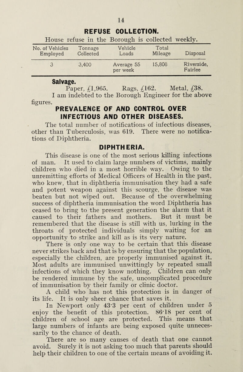 REFUSE COLLECTION. House refuse in the Borough is collected weekly. No. of Vehicles Tonnage Vehicle Total Employed Collected Loads Mileage Disposal 3 3,400 Average 55 per week 15,808 Riverside, Fairlee Salvage. Paper, £1,965. Rags, £162. Metal, £38. I am indebted to the Borough Engineer for the above figures. PREVALENCE OF AND CONTROL OVER INFECTIOUS AND OTHER DISEASES. The total number of notifications of infectious diseases, other than Tuberculosis, was 619. There were no notifica¬ tions of Diphtheria. DIPHTHERIA. This disease is one of the most serious killing infections of man. It used to claim large numbers of victims, mainly children who died in a most horrible way. Owing to the unremitting efforts of Medical Officers of Health in the past, who knew, that in diphtheria immunisation they had a safe and potent weapon against this scourge, the disease was beaten but not wiped out. Because of the overwhelming success of diphtheria immunisation the word Diphtheria has ceased to bring to the present generation the alarm that it caused to their fathers and mothers. But it must be remembered that the disease is still with us, lurking in the throats of protected individuals simply waiting for an opportunity to strike and kill as is its very nature. There is only one way to be certain that this disease never strikes back and that is by ensuring that the population, especially the children, are properly immunised against it. Most adults are immunised unwittingly by repeated small infections of which they know nothing. Children can only be rendered immune by the safe, uncomplicated procedure of immunisation by their family or clinic doctor. A child who has not this protection is in danger of its life. It is only sheer chance that saves it. In Newport only 43 3 per cent of children under 5 enjoy the benefit of this protection. 86-18 per cent of children of school age are protected. This means that large numbers of infants are being exposed quite unneces¬ sarily to the chance of death. There are so many causes of death that one cannot avoid. Surely it is not asking too much that parents should help their children to one of the certain means of avoiding it.