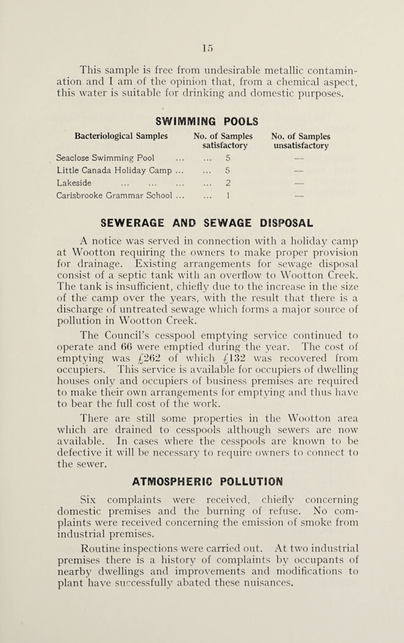 This sample is free from undesirable metallic contamin¬ ation and I am of the opinion that, from a chemical aspect, this water is suitable for drinking and domestic purposes. SWIMMING POOLS Bacteriological Samples No. of Samples No. of Samples satisfactory unsatisfactory Seaclose Swimming Pool ... ... 5 Little Canada Holiday Camp ... ... 5 — Lakeside ... ... ... ... 2 Carisbrooke Grammar School ... ... 1 — SEWERAGE AND SEWAGE DISPOSAL A notice was served in connection with a holiday camp at Wootton requiring the owners to make proper provision for drainage. Existing arrangements for sewage disposal consist of a septic tank with an overflow to Wootton Creek. The tank is insufficient, chiefly due to the increase in the size of the camp over the years, with the result that there is a discharge of untreated sewage which forms a major source of pollution in Wootton Creek. The Council’s cesspool emptying service continued to operate and 60 were emptied during the year. The cost of emptying was £262 of which £132 was recovered from occupiers. This service is available for occupiers of dwelling houses only and occupiers of business premises are required to make their own arrangements for emptying and thus have to bear the full cost of the work. There are still some properties in the Wootton area which are drained to cesspools although sewers are now available. In cases where the cesspools are known to be defective it will be necessary to require owners to connect to the sewer. ATMOSPHERIC POLLUTION Six complaints were received, chiefly concerning domestic premises and the burning of refuse. No com¬ plaints were received concerning the emission of smoke from industrial premises. Routine inspections were carried out. At two industrial premises there is a history of complaints by occupants of nearby dwellings and improvements and modifications to plant have successfully abated these nuisances.