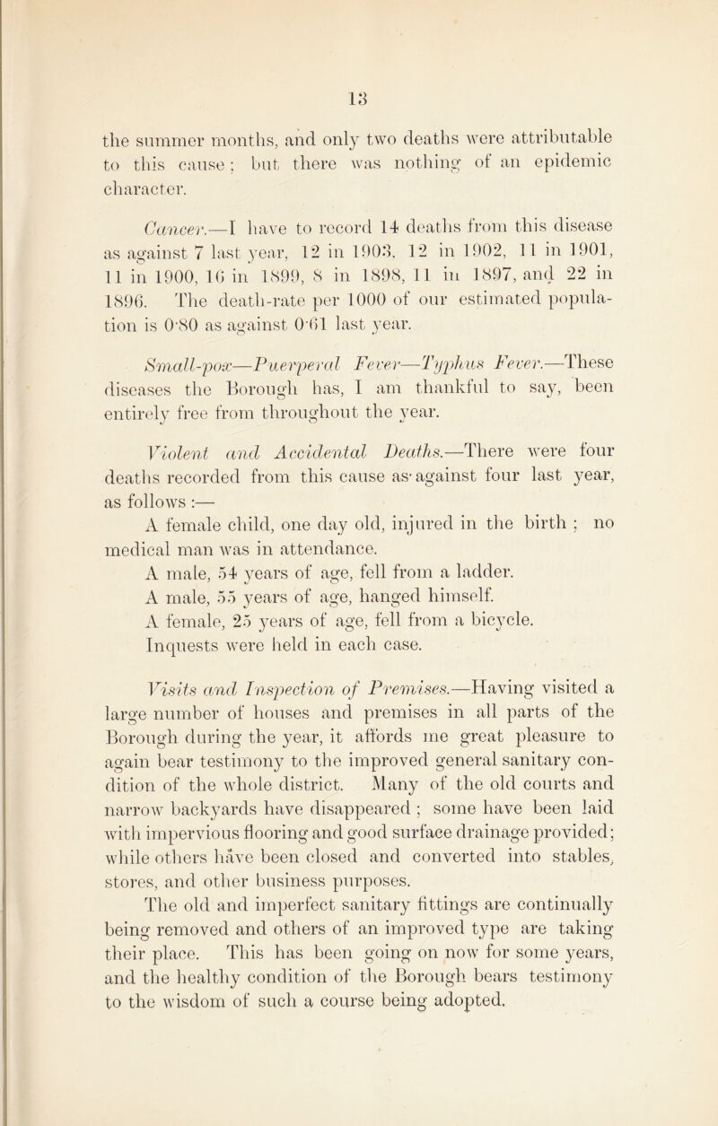 the summer months, and only two deaths were attributable to this cause; but there was nothing of an epidemic character. Cancer.—I have to record 14 deaths from this disease as against 7 last year, 12 in 1903, 12 in 1902, 11 in 1901, 11 in 1900, 16 in 1899, 8 in 1898, 11 in 1897, and 22 in 1896. The death-rate per 1000 of our estimated popula¬ tion is 0\80 as against 0 61 last year. Small-pox—Puerperal Fever—Typhus Fever.-—'!hese diseases the Borough has, I am thankful to say, been entirely free from throughout the year. Violent and Accidental Deaths.—There were four deaths recorded from this cause as* against four last year, as follows :— A female child, one day old, injured in the birth ; no medical man was in attendance. A male, 54 years of age, fell from a ladder. A male, 55 years of age, hanged himself. A female, 25 years of age, fell from a bicycle. Inquests were held in each case. Visits and Inspection of Premises.—Having visited a large number of houses and premises in all parts of the Borough during the year, it affords me great pleasure to again bear testimony to the improved general sanitary con¬ dition of the whole district. Many of the old courts and narrow backyards have disappeared ; some have been laid Avith impervious flooring and good surface drainage proAuded; while others have been closed and converted into stables, stores, and other business purposes. The old and imperfect sanitary fittings are continually being removed and others of an improved type are taking their place. This has been going on noAV for some years, and the healthy condition of the Borough bears testimony to the wisdom of such a course being adopted.