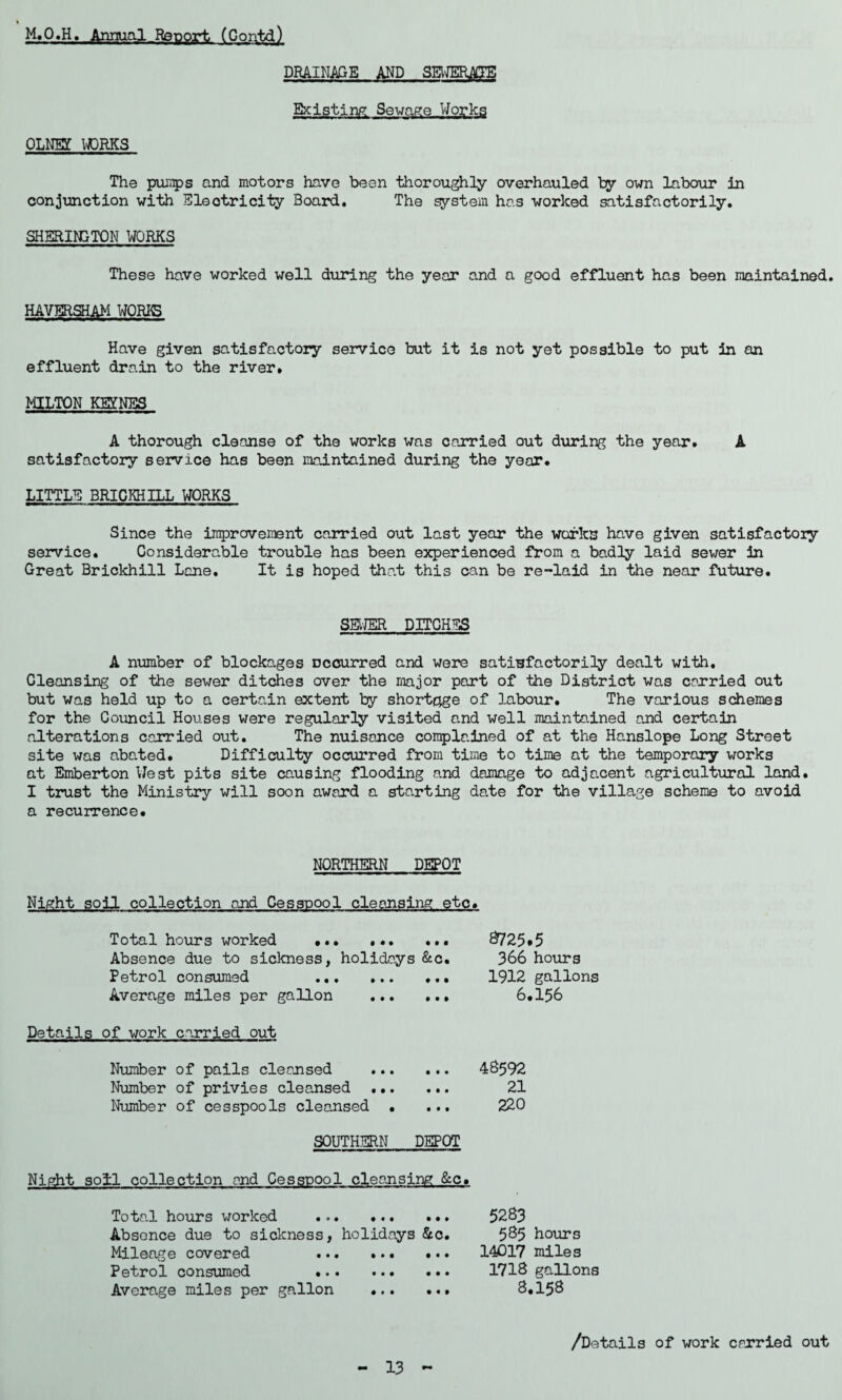 DRAINAGE AND SEWERAffE Existing Sewage Works OLNEZ U3RKS The pumps and motors have been thoroughly overhauled ty own labour in conjunction with Electricity Board. The system has worked satisfactorily. SHERINCTON WORKS These have worked well during the year and a good effluent has been maintained. HAVERSHAM WORiS Have given satisfactory service but it is not yet possible to put in an effluent drain to the river. MILTON KEYNES A thorough cleanse of the works was carried out during the year. A satisfactory service has been maintained during the year. LITTLE BRIOKHILL WORKS Since the improvement carried out last year the works have given satisfactory service. Considerable trouble has been experienced from a badly laid sewer in Great Brickhill Lane. It is hoped that this can be re-laid in the near future. SEWER DITCHES A number of blockages occurred and were satisfactorily dealt with. Cleansing of the sewer ditches over the major part of the District was carried out but was held up to a certain extent by shortage of labour. The various schemes for the Council Houses were regularly visited and well maintained and certain alterations carried out. The nuisance complained of at the Hanslope Long Street site was abated. Difficulty occurred from time to time at the temporary works at Emberton West pits site causing flooding and damage to adjacent agricultural land. I trust the Ministry will soon award a starting date for the village scheme to avoid a recurrence. NORTHERN DEPOT Night soil collection and Cesspool cleansing etc. Total hours worked . ... Absence due to sickness, holidays &c. Petrol consumed .. Average miles per gallon . 8725.5 366 hours 1912 gallons 6.156 Details of work carried out Number of pails cleansed Number of privies cleansed .•. Number of cesspools cleansed • 48592 21 220 SOUTHERN DEPOT Night soil collection end Cesspool cleansing &c. Total hours worked .... Absence due to sickness, holidays &c. Mileage covered . Petrol consumed . Average miles per gallon . 5283 585 hours 14017 miles 1718 gallons 8.158 /Details of work carried out