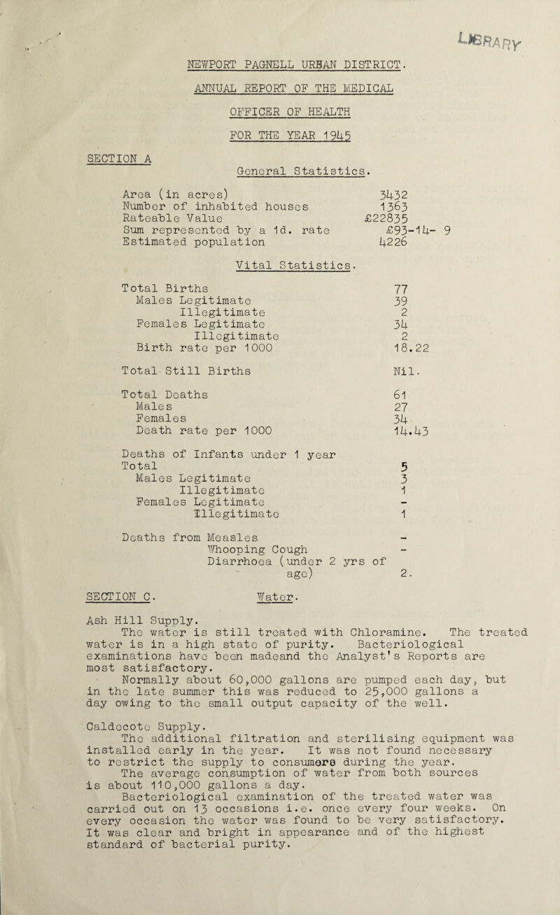 ^%2RARY NEWPORT PAGNELL URBAN DISTRICT. ANNUAL REPORT OF THE MEDICAL OFFICER OF HEALTH FOR THE YEAR 1945 SECTION A General Statistics. Area (in acres) Number of inhabited houses Rateable Value Sum represented by a Id. rate Estimated population 3432 1363 £22835 £93-14- 9 4226 Vital Statistics. Total Births 77 Males Legitimate 39 Illegitimate 2 Females Legitimate 34 Illegitimate 2 Birth rate per 1000 18.22 Total Still Births Nil. Total Deaths 61 Males 27 Females 3k Death rate per 1000 14.43 Deaths of Infants under 1 year Total 5 Males Legitimate 3 Illegitimate 1 Females Legitimate Illegitimate 1 Deaths from Measles Whooping Cough Diarrhoea (under 2 yrs of age) 2. SECTION C. Water. Ash Hill Supply. The water is still treated with Chloramine. The treated water is in a high state of purity. Bacteriological examinations have been madeand the Analyst’s Reports are most satisfactory. Normally about 60,000 gallons are pumped each day, but in the late summer this was reduced to 25?000 gallons a day owing to the small output capacity of the well. Caldecote Supply. The additional filtration and sterilising equipment was installed early in the year. It was not found necessary to restrict the supply to consumers during the year. The average consumption of water from both sources is about 110,000 gallons a day. Bacteriological examination of the treated water was carried out on 13 occasions i.e. once every four weeks. On every occasion the water was found to be very satisfactory. It was clear and bright in appearance and of the highest standard of bacterial purity.