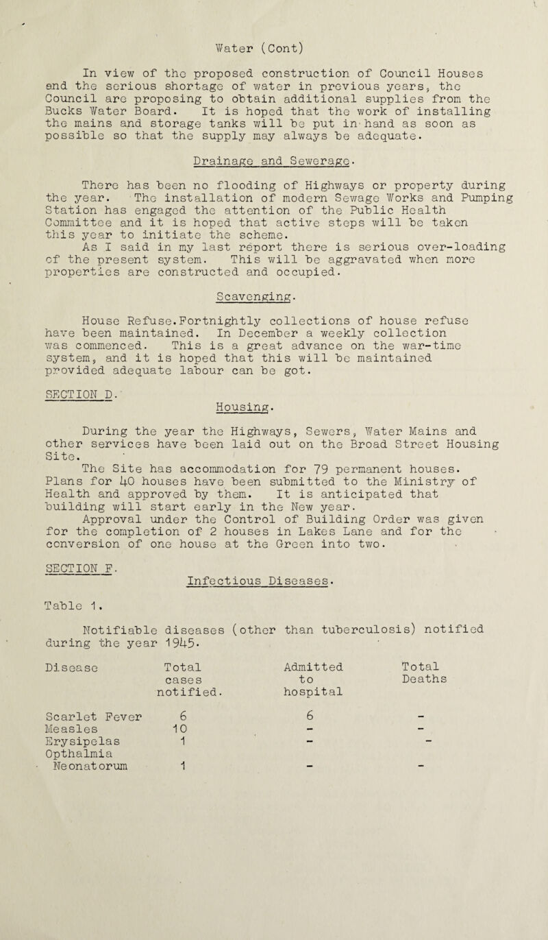 V/ater (Cont) In view of the proposed construction of Council Houses and the serious shortage of water in previous years, the Council are proposing to obtain additional supplies from the Bucks Water Board. It is hoped that the work of installing the mains and storage tanks will he put in'hand as soon as possible so that the supply may always be adequate. Drainage and Sewerage. There has been no flooding of Highways or property during the year. The installation of modern Sewage Works and Pumping Station has engaged the attention of the Public Health Committee and it is hoped that active steps will be taken this year to initiate the scheme. As I said in my last report there is serious over-loading of the present system. This will be aggravated when more properties are constructed and occupied. Scavenging. House Refuse.Fortnightly collections of house refuse have been maintained. In December a weekly collection was commenced. This is a great advance on the war-time system, and it is hoped that this will be maintained provided adequate labour can be got. SECTION D. Housing. During the year the Highways, Sewers, Water Mains and other services have been laid out on the Broad Street Housing Site. The Site has accommodation for 79 permanent houses. Plans for 40 houses have been submitted to the Ministry of Health and approved by them. It is anticipated that building will start early in the New year. Approval under the Control of Building Order was given for the completion of 2 houses in Lakes Lane and for the conversion of one house at the Green into two. SECTION F. Infectious Diseases. Table 1. Notifiable diseases (other than tuberculosis) notified during the ye ar 1945- Disease Total Admitted Total cases to Deaths notified. hospital Scarlet Fever 6 6 — Measles 10 - - Erysipelas Opthalmia 1 Neonatorum 1 — -