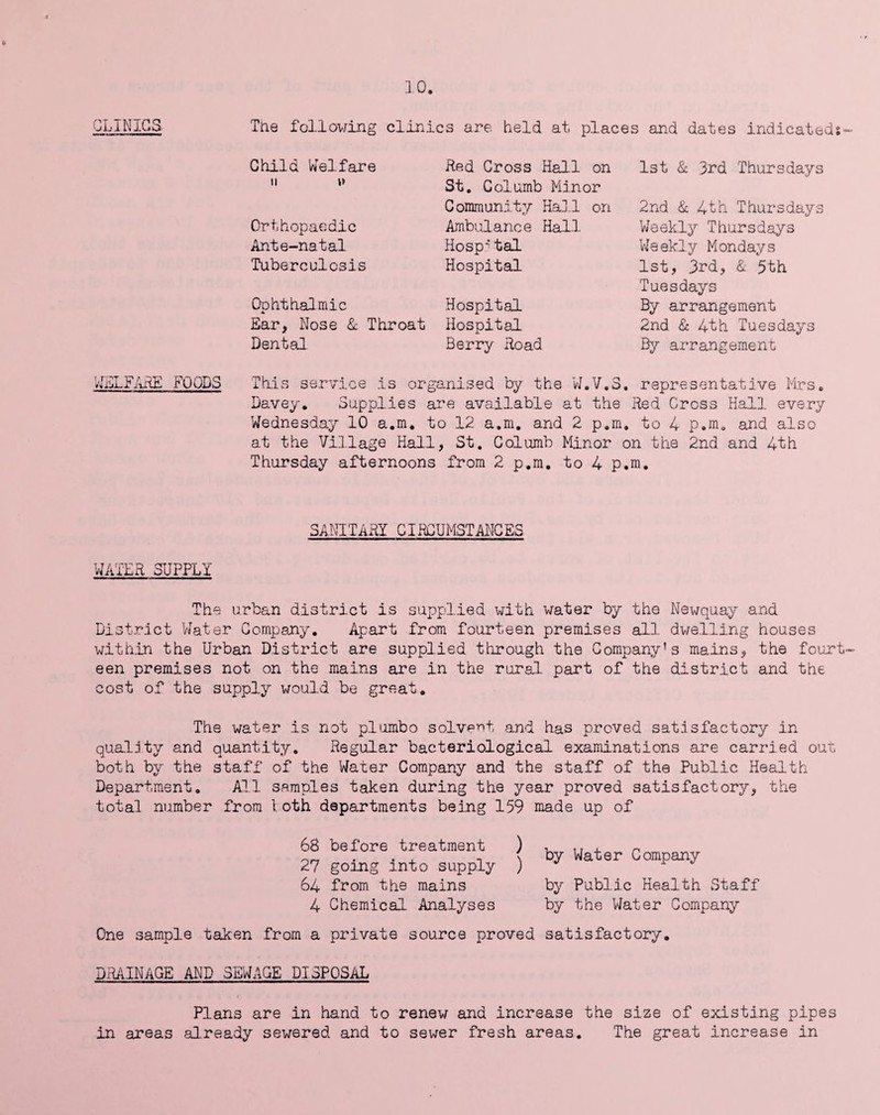 CLINICS The following clinics are. held at places and dates indicated? Child Welfare ii »> Orthopaedic Ante-natal Tuberculosis Ophthalmic Ear, Nose & Throat Dental Red Cross Hall on St. Columb Minor Community Hall on Ambulance Hall Hosp*’ tal Hospital Hospital Hospital Berry Road 1st & 3rd Thursdays 2nd & 4th Thursdays Weekly Thursdays Weekly Mondays 1st, 3rd, & 5th Tuesdays By arrangement 2nd & 4th Tuesdays By arrangement WELFARE FOODS This service is organised by the W.V.3. representative Mrs. Davey. Supplies are available at the Red Cross Hall every Wednesday 10 a.m. to 12 a.m. and 2 p.m. to 4 p.m. and also at the Village Hall, St. Columb Minor on the 2nd and 4th Thursday afternoons from 2 p.m. to 4 p.m. SANITARY CIRCUMSTANCES WATER SUPPLY The urban district is supplied with water by the Newquay and District Water Company. Apart from fourteen premises all dwelling houses within the Urban District are supplied through the Company’s mains, the fourt¬ een premises not on the mains are in the rural part of the district and the cost of the supply would be great. The water is not plumbo solvent and has proved satisfactory in quality and quantity. Regular bacteriological examinations are carried out both by the staff of the Water Company and the staff of the Public Health Department. All samples taken during the year proved satisfactory, the total number from loth departments being 159 made up of 68 before treatment ) . TI , n or7 . . , < by Water Company 27 going into supply ) 64 from the mains by Public Health Staff 4 Chemical Analyses by the Water Company One sample taken from a private source proved satisfactory. DRAINAGE AND SEWAGE DISPOSAL Plans are in hand to renew and increase the size of existing pipes in areas already sewered and to sewer fresh areas. The great increase in