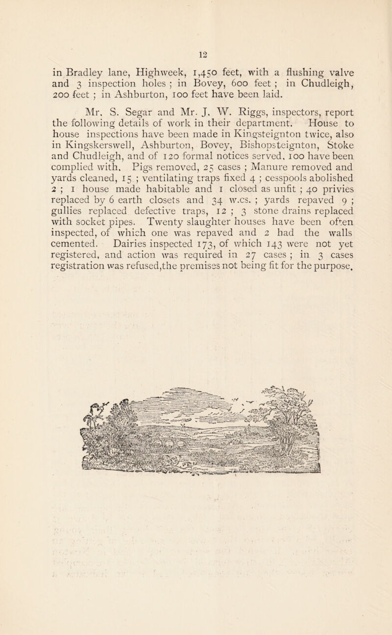 in Bradley lane, High week, 1,450 feet, with a flushing valve and 3 inspection holes ; in Bovey, 600 feet ; in Chudleigh, 200 feet ; in Ashburton, 100 feet have been laid. Mr. S. Segar and Mr. J. W. Riggs, inspectors, report the following details of work in their department. House to house inspections have been made in Kingsteignton twice, also in Kingskerswell, Ashburton, Bovey, Bishopsteignton, Stoke and Chudleigh, and of 120 formal notices served. 100 have been complied with. Pigs removed, 25 cases ; Manure removed and yards cleaned, 15 ; ventilating traps fixed 4 ; cesspools abolished 2 ; 1 house made habitable and 1 closed as unfit ; 40 privies replaced by 6 earth closets and 34 w.cs. ; yards repaved 9 ; gullies replaced defective traps, 12 ; 3 stone drains replaced with socket pipes. Twenty slaughter houses have been often inspected, of which one was repaved and 2 had the walls cemented. Dairies inspected 173, of which 143 were not yet registered, and action was required in 27 cases ; in 3 cases registration was refused,the premises not being fit for the purpose.