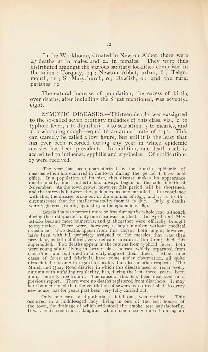 In the Workhouse, situated in Newton Abbot, there were 45 deaths, 21 in males, and 24 in females. They were thus distributed amongst the various sanitary localities comprised in the union : Torquay, 14 ; Newton Abbot, urban, 8 ; Teign- mouth, 11 ; St. Marychurch, o; Dawlish, o; and the rural parishes, 12. The natural increase of population, the excess of births over deaths, after including the 8 just mentioned, was seventy- eight. ZYMOTIC DISEASES.—Thirteen deaths were assigned to the so-called seven ordinary maladies of this class, viz., 2 to typhoid fever, 1 to diphtheria, 2 to scarlatina, 5 to measles, and 3 to whooping cough—equal to an annual rate of 1*41. This can scarcely be called a low figure, but still it is the least that has ever been recorded during any year in which epidemic measles has been prevalent. In addition, one death each is accredited to influenza, syphilis and erysipelas. Of notifications 67 were received. The year has been characterized by the fourth epidemic of measles which has occurred in the town during the period I have held office. In a population of its size, this disease makes its appearance quadrennially, and hitherto has always begun in the cold month of November. As the town grows, however, this period will be shortened, and the intervals between the epidemics become curtailed. In accordance with this, the disease broke out in the summer of 1895, and it is to this circumstance that the smaller mortality fnom it is due. Only 5 deaths were registered from it, against 13 in the epidemic of 1891. Scarlatina was present more or less during the whole year, although during the first quarter, only one case was notified. In April and May attacks became more numerous, and 31 altogether were officially brought to my notice. There were, however, a large number without medical assistance. Two deaths appear from this cause; both might, however, have been with full propriety assigned to the measles that was then prevalent, as both children, very delicate creatures (brethren), had this superadded. Two deaths appear in the returns from typhoid fever ; both were young adults, living in better class houses, widely separated from each other, and both died in an early stage of their illness. About nine cases of fever and febricula have come under observation, all quite dissociated, not only in regard to locality, but also in other respects. The Marsh and Quay Road district, in which this disease used to recur every autumn with unfailing regffiarlity, has, during the last three years, been almost entirely free from it. The cause of this has been discussed in a previous report. There were no deaths registered from diarrhoea. It may here be mentioned that the ventilation of sewers by a direct shaft to every new house, has for years past been very fully carried out. Only one case of diphtheria, a fatal one, was notified. This occurred in a middle-aged lady, living in one of the best houses of the town, the drainage of which withstood the smoke test satisfactorily.. It was contracted from a daughter whom she closely nursed during an