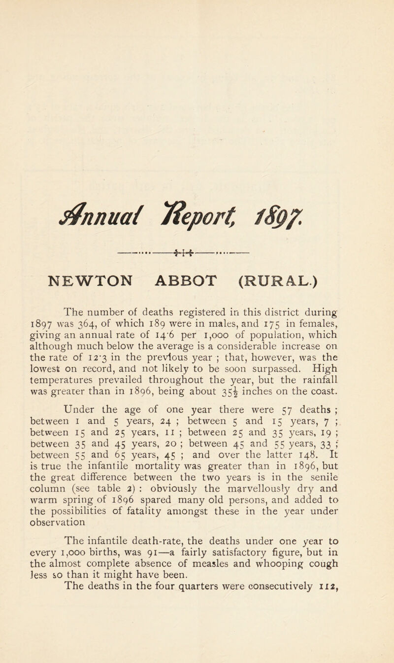 Annual 'fteport, /<$?/ -444.- NEWTON ABBOT (RURAL.) The number of deaths registered in this district during 1897 was 364, of which 189 were in males, and 175 in females,, giving an annual rate of 14*6 per 1,000 of population, which although much below the average is a considerable increase on the rate of 12‘3 in the previous year ; that, however, was the lowest on record, and not likely to be soon surpassed. High temperatures prevailed throughout the year, but the rainfall was greater than in 1896, being about 35^ inches on the coast. Under the age of one year there were 57 deaths ; between 1 and 5 years, 24 ; between 5 and 15 years, 7 ; between 15 and 25 years, 11 ; between 25 and 35 years, 19 ; between 35 and 45 years, 20 ; between 45 and 55 years, 33 ; between 55 and 65 years, 45 ; and over the latter 148. It is true the infantile mortality was greater than in 1896, but the great difference between the two years is in the senile column (see table 2) : obviously the marvellously dry and warm spring of 1896 spared many old persons, and added to the possibilities of fatality amongst these in the year under observation The infantile death-rate, the deaths under one year to every 1,000 births, was 91—a fairly satisfactory figure, but in the almost complete absence of measles and whooping cough Jess so than it might have been.