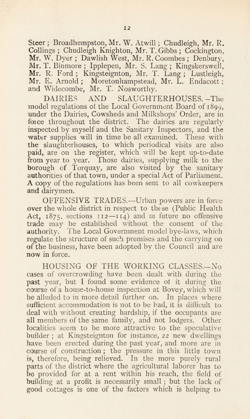 Steer ; Broadhempston, Mr. W. Atwill; Chudleigh, Mr. R. Codings ; Chudleigh Knighton, Mr. T. Gibbs ; Cockington, Mr. W. Dyer ; Dawlish West, Mr. R. Coombes ; Denbury, Mr. T. Binmore ; Ipplepen, Mr. S. Lang ; Kingskerswell, Mr. R. Ford ; Kingsteignton, Mr. T. Lang ; Lustleigh, Mr. E. Arnold ; Moretonhampstead, Mr. L. Endacott; and Widecombe, Mr. T. Noswortby. DAIRIES AND SLAUGHTERHOUSES. -The model regulations ol tlie Local Government Board of 1899, under the Dairies, Cowsheds and Milkshops, Order, are in foice throughout the district. The dairies are regularly inspected by myself and the Sanitary Inspectors, and the water supplies will in time be all examined. These with the slaughterhouses, to which periodical visits are also paid, are on the register, which will be kept up-to-date from year to year. Those dairies, supplying milk to the borough of Torquay, are also visited by the sanitary authorities of that town, under a special Act of Parliament. A copy of the regulations has been sent to all cow keepers and dairymen. OFFENSIVE TRADES.—Urban powers are in force over the whole district in respect to these (Public Health Act, 1875, sections 112—114) and m future no offensive trade may be established without the consent of the authority, l ire Local Government model bye-laws, which regulate the structure of such premises and the carrying on of the business, have been adopted by the Council and are bow in force. HOUSING OF THE WORKING CLASSES.—No cases of overcrowding have been dealt with during the past year, but I found some evidence ot it during the course of a house-to-house inspection at Bovey, which will be alluded to in more detail further on. In places where sufficient accommodation is not to be had, it is difficult to deal with without creating hardship, if the occupants are all members of the same family, and not lodgers. Other localities seem to be more attractive to the speculative builder ; at Kingsteignton for instance, 22 new dwellings have been erected during the past year, and more are in course of construction ; the pressure in this little town is, therefore, being relieved. In the more purely rural parts of the district where the agricultural laborer has to be provided for at a rent within his reach, the field of building at a profit is necessarily small ; but the lack of good cottages is one of the factors which is helping to