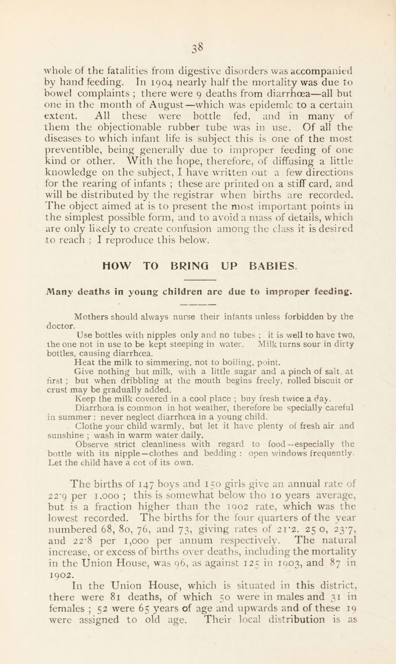 3« whole of the fatalities from digestive disorders was accompanied by hand feeding. In 1904 nearly half the mortality was due to bowel complaints ; there were 9 deaths from diarrhoea—all but one in the month of August—which was epidemic to a certain extent. All these were bottle fed, and in many of them the objectionable rubber tube wTas in use. Of all the diseases to which infant life is subject this is one of the most preventible, being generally due to improper feeding of one kind or other. With the hope, therefore, of diffusing a little knowledge on the subject, I have written out a few directions for the rearing of infants ; these are printed on a stiff card, and will be distributed by the registrar when births are recorded. The object aimed at is to present the most important points in the simplest possible form, and to avoid a mass of details, which are only likely to create confusion among the class it is desired to reach ; I reproduce this below. HOW TO BRING UP BABIES. Many deaths in young children are due to improper feeding. Mothers should always nurse their infants unless forbidden by the doctor. Use bottles with nipples only and no tubes ; it is well to have two, the one not in use to be kept steeping in water. Milk turns sour in dirty bottles, causing diarrhoea. Heat the milk to simmering, not to boiling, point. Give nothing but milk, with a little sugar and a pinch of salt, at first ; but when dribbling at the mouth begins freely, rolled biscuit or crust may be gradually added. Keep the milk covered in a cool place ; buy fresh twice a day. Diarrhoea is common in hot weather, therefore be specially careful in summer : never neglect diarrhoea in a young child. . Clothe your child warmly, but let it have plenty of fresh air and sunshine ; wash in warm water daily. Observe strict cleanliness with regard to food —especially the bottle with its nipple—clothes and bedding : open windows frequently. Let the child have a cot of its own. The births of 147 boys and 150 girls give an annual rate of 22‘9 per 1,000 ; this is somewhat below tho 10 years average, but is a fraction higher than the IQ02 rate, which was the lowest recorded. The births for the four quarters of the year numbered 68, 80, 76, and 73, giving rates of 21*2. 25 o, 23*7, and 22‘8 per 1,000 per annum respectively. The natural increase, or excess of births over deaths, including the mortality in the Union House, was q6, as against 125 in IQ03, and 87 in 1902. In the Union House, which is situated in this district, there were 81 deaths, of which 50 were in males and 31 in females ; 52 were 65 years of age and upwards and of these 19 were assigned to old age. Their local distribution is as