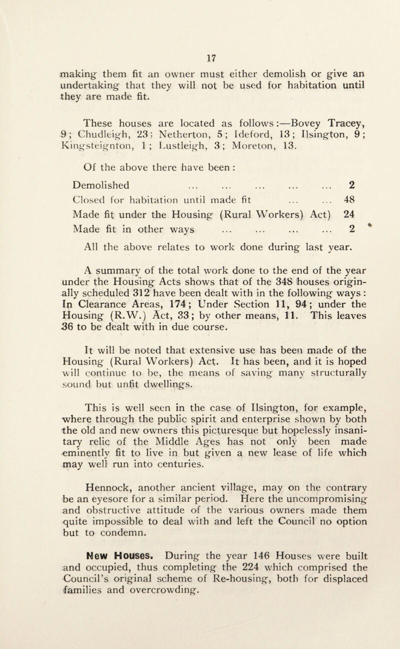 making- them fit an owner must either demolish or give an undertaking that they will not be used for habitation until they are made fit. These houses are located as follows:—Bovey Tracey, 9; Chudleigh, 23; Netherton, 5; Ideford, 13; Ilsington, 9; Kingsteignton, 1; Lustleigh, 3; Moreton, 13. Of the above there have been : Demolished ... ... ... ... ... 2 Closed for habitation until made fit ... ... 48 Made fit under the Housing (Rural Workers) Act) 24 Made fit in other ways ... ... ... ... 2 All the above relates to work done during last year. A summary of the total work done to the end of the year under the Housing Acts shows that of the 348 houses origin¬ ally scheduled 312 have been dealt with in the following ways: In Clearance Areas, 174; Under Section 11, 94; under the Housing (R.W.) Act, 33; by other means, 11. This leaves 36 to be dealt with in due course. It will be noted that extensive use has been made of the Housing (Rural Workers) Act. It has been, and it is hoped will continue to be, the means of saving many structurally sound but unfit dwellings. This is well seen in the case of Ilsington, for example, where through the public spirit and enterprise shown by both the old and new owners this picturesque but hopelessly insani¬ tary relic of the Middle Ages has not only been made eminently fit to live in but given a new lease of life which may well run into centuries. Hennock, another ancient village, may on the contrary be an eyesore for a similar period. Here the uncompromising and obstructive attitude of the various owners made them quite impossible to deal with and left the Council no option but to condemn. New Houses. During the year 146 Houses were built and occupied, thus completing the 224 which comprised the Council’s original scheme of Re-housing, both for displaced 'families and overcrowding.