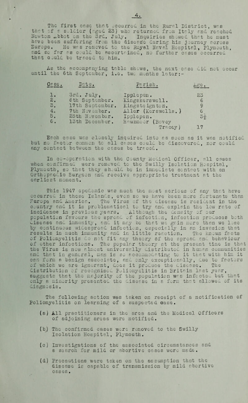 4. The first ease that occurred in the Rural District, wrs that of r soldier (god 23) who returnee, from Italy mu reached Newton ^bbot cn the 3rd. July. Inquiries shewed that he must have been suffering from the disease during his journey across Europe.^ He wrs removed to the Royal Naval Hospital, Plymouth, and so fcar as could be ascertained, no further cases occurred that could be traced to him. As the accompanying table shows, the next case uid not occur until the 6th September, i.e. two months la ter:- Case. Date. Parish. Age. 1. 3rd. J uly, Ipplepen. 2. 6th September. Kingskerswell. •X • 17th September. Kingste ign ton. 4. 7th November. Allcr (Kerswells.) 5. 25 th November. Ipplepen. 6 . 13th December. Hawkmoor (Bov ey Tracey) 23 6 9 6 rz JL 17 Each case was closely inquired into as soon as it was notified but no factor common to all cases could be discoverer, nor could any contact between the cases be traced. In co-operation with the County Medical Officer, all cases when confirmed were removed to the Swilly Isolation Hospital, Plymouth, so that they should be in immediate contact with an Orthopaedic Surgeon and receive appropriate treatment at the earliest moment. This 1947 epodemic was much the most serious of any that have occurred in these Islands, even so we have been more fortunate than Europe and America. The Virus of the disease is resident in the country and it is problematical to try and explain the low rate of incidence in previous years. Although the density of our population favours the spread of infection, infection produces both disease and immunity, and it may be that we gain more than we lose by continuous widespread infection, especially in an invasion that results in much immunity end in little reaction. The known facts of Poliomyelitis do not fit any theory of the sproac. and behaviour of other infections. The popular theory at the present time is that the Virus is now almost universally distributed in human communities and that in general, man is so accommodating to it that with him it can form a benign associate, and only exceptionally, due to factors of which we are ignorant, does it produce the oisonse. The distribution of recognised Poliomyelitis in Britain last year, suggests that the majority ^f the population rs infccteu but that only a minority presentee, the disease in a form that allowed of its diagnosis. The following action was taken on receipt of a notification of Poliomyelitis on learning of a suspected case. (a) All practitioners in the area and the Medical Officers of adjoining areas were notified. (b) The confirmed cases were removed to the Swilly Isolation Hospital, Plymouth. (c) Investigations of the associated circumstances and a search fer mild or abortive cases were made. (d) Precautions were taken on the assumption that the disease is capable of transmission by mild abortive cases.