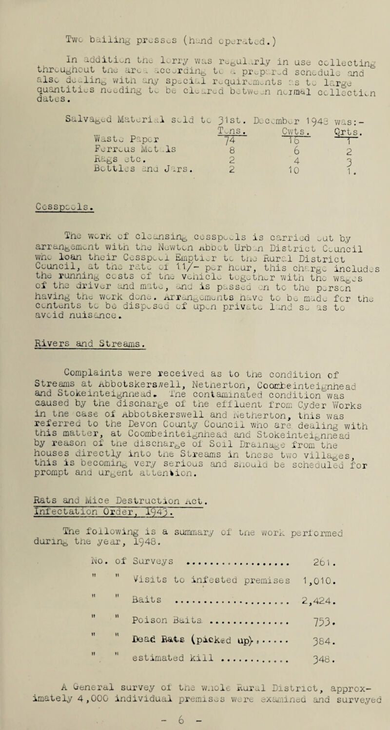 Two bailing presses (hand operated.) In addition the lurry was regularly in use collecting throughout tne aru . icc^rding tu a pr^p-. md scn^dulo and also dealing with any special requirements as to large quantities needing to be cloarud between neimal collcctiv.n dates. was: - Qrts. —r~ 2 3 1. Salvaged Material sold to Waste Paper Ferrous Mot ..Is hags etc. Bottles ana Jars. 31st. December 194. Tons. Cwts. 74 To 8 6 2 4 2 10 Cesspools» Tne worn of cleansing, cesspools is carried out by arrangement with the Newton -about Urban District Council who loan their Cesspool Emptier to the Rural District Council, at tne rate of 11/- per hour, this charge includes the running costs Gf the vehicle togethor with the wages ol the driver and mute, and is passed on to the person having the work done. Arrangements have to bo mudu for the centonts to be disposed of up^n private land so as to avoid nuisance* Rivers and Streams. Complaints were received as to tne condition of Streams at Abbotskersyveli, Netnerton, Coom.beinteignhead and Stokeinteignnead• Tne contaminated condition was oaused by the discharge of the effluent from Cyder Works in tne case of Abbotskerswell and Netherton, this was referred to the Devon County Council who are dealing with this matter, at Coombeinteignhead and Stokeinteignnead by reason of tne discharge of Soil Drainage from the houses directly into the Streams in tnese two villages, this is becoming very serious and should be scheduled for prompt and urgent attention. Rats and Mice Destruction act. Infectation Order, 1943. The following is a summary of tne work during tne year, 1948. No. of Surveys ... Visits to infested premises ii ti it n ii ii n n Baits . Poison Baita . Bead Rais (picked up), estimated kill . performed 261 . 1,010. 2,424. 753. 384. 348. A General survey of tne wnole Rural District, approx¬ imately 4,000 individual premises were examined and surveyed
