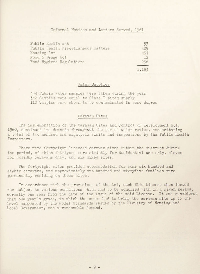 Informal Notices and Letters Served, 1961 Public Health Act Public Health Miscellaneous matters Housing Act Food & Drugs Act Food Hygiene Regulations 256 33 425 457 12 1,183 Water Supplies 454 Public water samples were taken during the year 342 Samples were equal to Class I piped supply 112 Samples Y'ere shown to be contaminated in some degree Caravan Sites The implementation of the Caravan Sites and Control of Development Act, I960, continued its demands throughout the period under review, necessitating a total of two hundred and eightysix visits and inspections by the Public Health Inspectors. There were fortyeight licenced caravan sites within the district during the period, of which thirtyone were strictly for Residential use only, eleven for Holiday caravans only, and six mixed sites. The fortyeight sites provided accommodation for some six hundred and eighty caravans, and approximately two hundred and sixtyfive families were nermanently residing on these sites. In accordance with the provisions of the Act, each Site Licence when issued was subject to various conditions which had to be complied with in a given period, normally one year from the date of the issue of the said Licence. It was considered that one year’s grace, in which the owner had to bring the caravan site up to the level suggested by the Model Standards issued by the Ministry of Housing and Local Government, was a reasonable demand. - 9 -