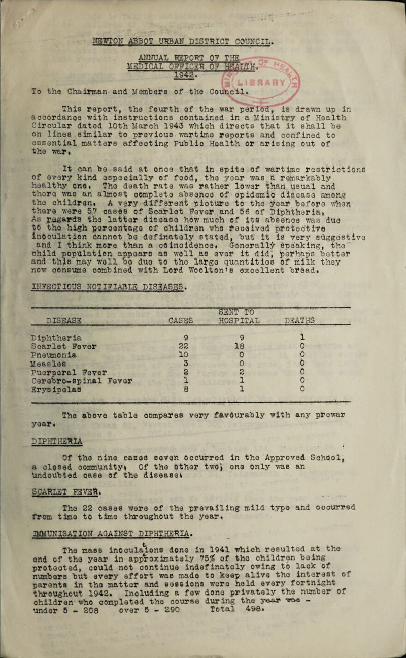 NEWTON ABBOT URBAN DISTRICT COUNCIL* ANNUAL REPORT OF THE M5t) I CAL OFFICES OF HEALTH. 1942. r*7 ■ ji' ^ i j To the Chairman and Members of the Council. This report, the fourth of the war period, is drawn up in accordance with instructions contained in a Ministry of Health Circular dated 10th March 1943 which directs that it shall he on lines similar to previous wartime reports and confined to essential matters affecting Public Health or arising out of the war* It can be said at once that in spite of wartime restrictions of every kind especially of food, the year was a remarkably healthy one* The death rate was rather lower than usual and there was an almost complete absence of epidemic disease among the ohildren* A very different pioture to the year before when there were 57 oases of Scarlet Fever and 56 of Diphtheria, As y.sg&rd8 the latter disease how much of its absence was due to the high poroentage of ohildren who deceived protect ire inoculation aannot be dofinately stated, but it is very suggestive and I think more than a coincidence. Generally speaking, the” child population appears as well as ever it did; perhaps better and this may well be due to the largo quantities of milk they now consume combined with Lord Woolton’s excellent bread* INFECTIOUS NOTIFIABLE DISSASES. DISEASE CASES &ENT TO HOSPITAL DEATHS Diphtheria 9 9 1 Scarlet Fever 22 18 0 Pneumonia 10 0 0 Measles 3 0 0 Puerperal Fever 2 2 0 Cerebrospinal Fever 1 1 0 Erysipelas 8 1 0 The above table compares very favourably with any prewar year. DIPHTHERIA Of the nine cases seven occurred in the Approved School, a closed community* Of* the other two* one only was an Undoubted case of the disease* SCARLET FEVER* The 22 cases were of the prevailing mild type and oocurred from time to time throughout the year. IMMUNISATION AGAINST DIPHTHERIA. The mass inoculations done in 1941 which resulted at the end of the year in approximately 75^ of the children being protected, could not continue indefinately owing to lack of numbers but every effort was made to keep alive the interest of parents in the matter and sessions were hold every fortnight throughout 1942. Including a few done privately the number of ohildren who completed the course during the year we*s ~ under 5 - 208 over 5 - 290 Total 496*