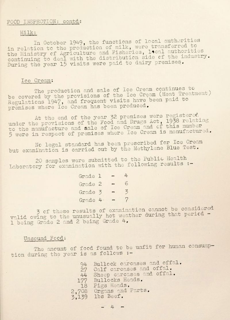 Milks In October 1949, the functions of local authorities in relation to the production of milk,_were transferred to the Ministry cf Agriculture and Fisheries, l^cal authorxoie continuing to deal with the distribution side cf the industry. During the year 15 visits were paid to dairy premises. Ice Cream* The production .and sale of Ice Cream continues to be covered by the provisions of the Ice Cream (Heat Treatment) Regulations 1947, and frequent visits pave been paid to premises where Ice Cream has been produced* At the end of the year 32 premises were ?“egistered under the provisions of the Pood and Drugs net, 1938 relating to the manufacture and sale of Ice Cream pud cf ^ ‘ p , 3 were in respect of premises where ice cream is manuf^ctu . No legal standard has been prescribed for Ice Cream but examination is carried out by the Methylene ue 20 samples were submitted to the hub lie iiuilth Laboratory for examination with the following results »- Grade 1 Gra.de 2 Gra.de 5 Grade 4 4 6 5 7 3 of these results of examination cannot be considered valid owing to the unusually hot weather during ^ peri 1 being Grade 2 and 2 being Grade 4* Unsound hoods ar is as follows s- 94 Bullock carcases a 27 Calf carcases and 44 Sheep carcases and 177 Bullocks Heads. 18 Pigs Heads. 2, 708 Organs and Parts. 3* 139 lbs Beef. 4