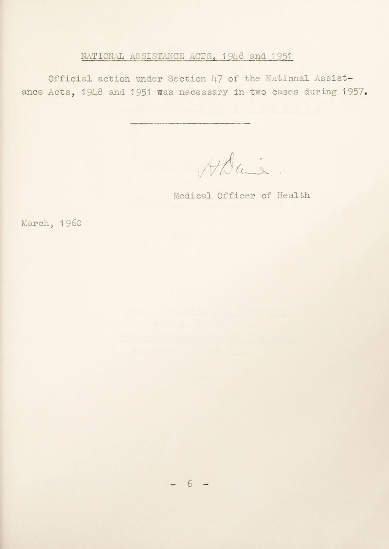 NATIONAL ASSISTANCE ACTS, 1948 and 1951 Official action under Section 47 of the National Assist¬ ance Acts? 1948 and 1951 was necessary in two cases during 1957. March9 I960 Medical Officer of Health 6
