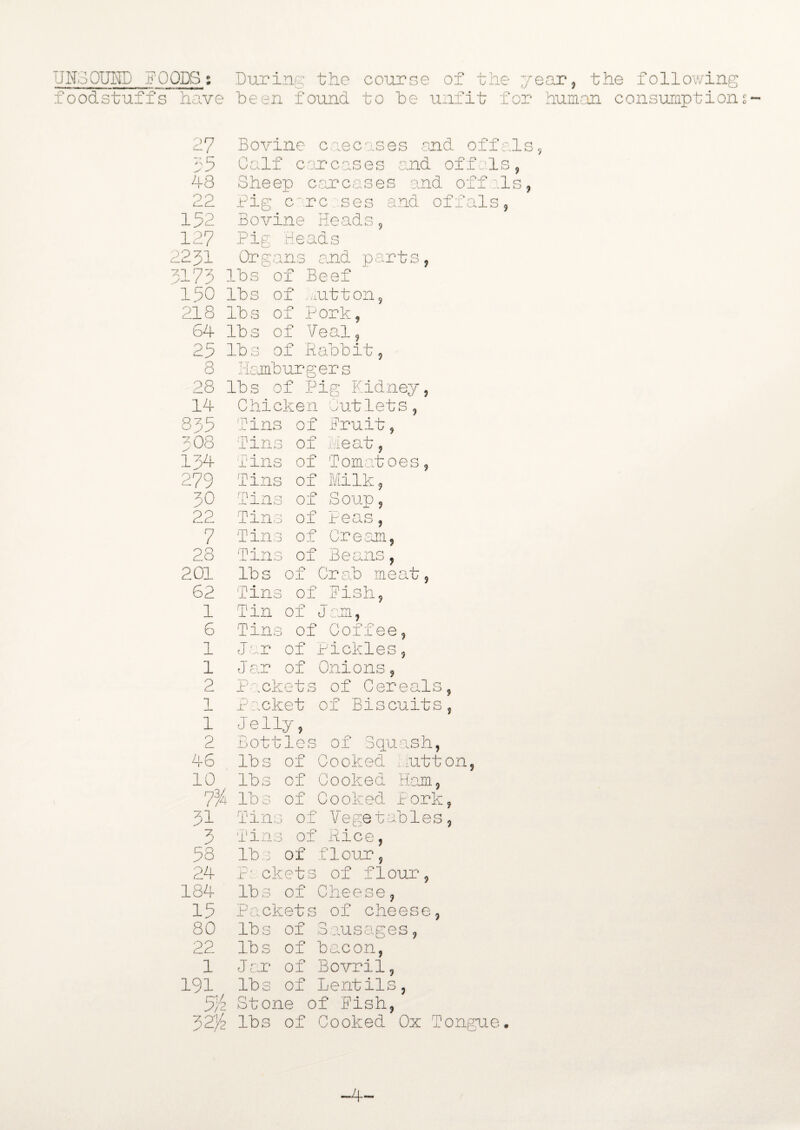 HNS PULP a OOPS; During the course of the year, the following foodstuffs have been found to be unfit for human consumptions- 27 Bovine cuecases end offals, 15 Calf carcases .and offals, 48 Sheep carcases and offals, 22 Pig care ses and offals, 152 Bovine Heads, 127 Pig Heads 2231 Organs and parts, 3173 lbs of Beef 150 lbs of mutton, 218 lbs of Pork, 64 lbs of Veal, 25 lbs of Rabbit, 8 Hamburgers 28 lbs of Pig Kidney, 14 Chicken outlets, 855 Tins of Fruit, 5 08 Tins of Meat, 134 Tins of Tomatoes 279 Tins of Milk, 30 rn 5 n 0 JL -J—l JL 0 of Soup, 22 Tins of Peas, 7 Tins of Cream, 28 Tins of Beans, 201 lbs of Crab meat 62 Tins of Pish, 1 Tin of J O TV) e.Jil j 6 Tins of Coffee, 1 Jar of Pickles, 1 Jar of Onions 2 Packets of Cereals, 1 Packet of Biscuits, 1 Jelly, 2 Bottles of Squash, 46 lbs of Cooked Hutton, 10 lbs of Cooked Ham, 7% lbs of Cooked Pork, 31 Tins of Vegetables, 3 Tins of Rice, 58 lbs of flour, 24 P‘ ckets of flour, 184 lbs of Cheese, 15 Packets of cheese, 80 lbs of Sausages, 22 lbs of bacon, 1 Jar of Bovril, 191 lbs of Lentils, 5)2 Stone of Pish, 32% lbs of Cooked Ox Tongue. -4-
