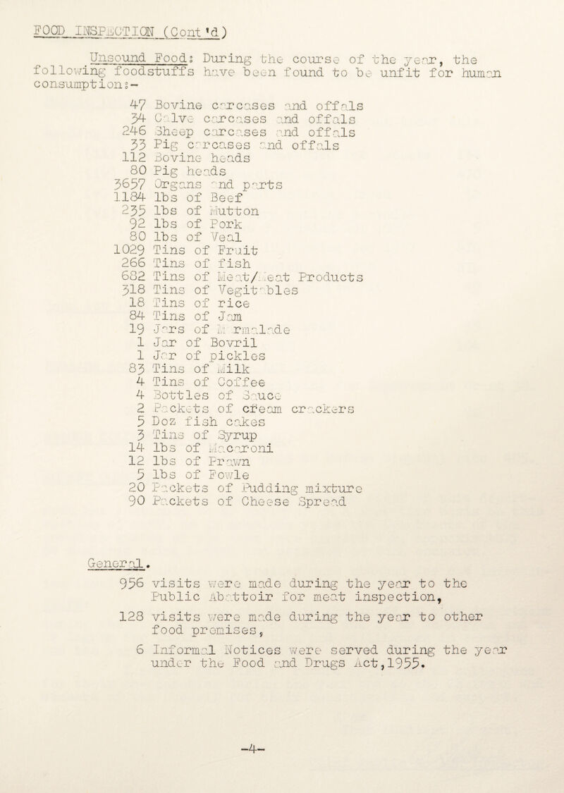 .TuT.n30un(^- Foods During the course of the year, the following foodstuffs have been found to be unfit for human, c onsumpt ion % - 47 Bovine carcases and offals 54 Calve carcases and offals 246 Sheep carcases and offals 33 Pig carcases and offals 112 Bovine heads 80 Pig heads 3657 Organs lid parts 1184 lbs of Beef 235 lbs of Mutton 92 lbs of Pork 80 lbs of Veal 1029 fins of Fruit 266 fins of fish 682 fins of Meat/Meat Products 318 fins of Vegetables 18 fins of rice 84 fins of Jan 19 Jars of Ivi rmalade I Jar of Bovril 1 Jar of pickles 83 fins of Milk 4 fins of Coffee 4 Bottles of Sauce 2 Packets of cream crackers 5 Doz fish cakes 3 fins of Syrup 14 lbs of Macaroni 12 lbs of Prawn 5 lbs of Fowle 20 Packets of 'Pudding mixture 90 Packets of Cheese Spread General, 956 visits were made during the year? to the Public Abattoir for meat inspection, 128 visits were made during the year to other food premises, 6 Informal Notices were served during the year under the Food and Drugs Act,1955* 4-