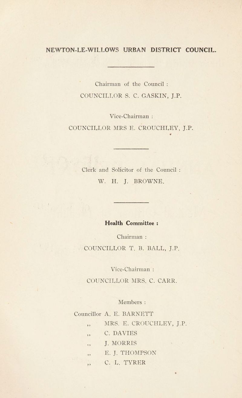 NEWTON - LE - WIL LOWS URBAN DISTRICT COUNCIL. Chairman of the Council : COUNCILLOR S. C. GASKIN, J.P. Vice-Chairman : COUNCILLOR MRS E. CROUCHLEY, J.P. Clerk and Solicitor of the Council : W. H. J. BROWNE. Health Committee : Chairman : COUNCILLOR T. B. BALL, J.P. Vice-Chairman : COUNCILLOR MRS. C. CARR. Members : Councillor A. E. BARNETT ,, MRS. E. CROUCHLEY, J.P. ,, C. DAVIES J. MORRIS „ E. J. THOMPSON C. L. TYRER