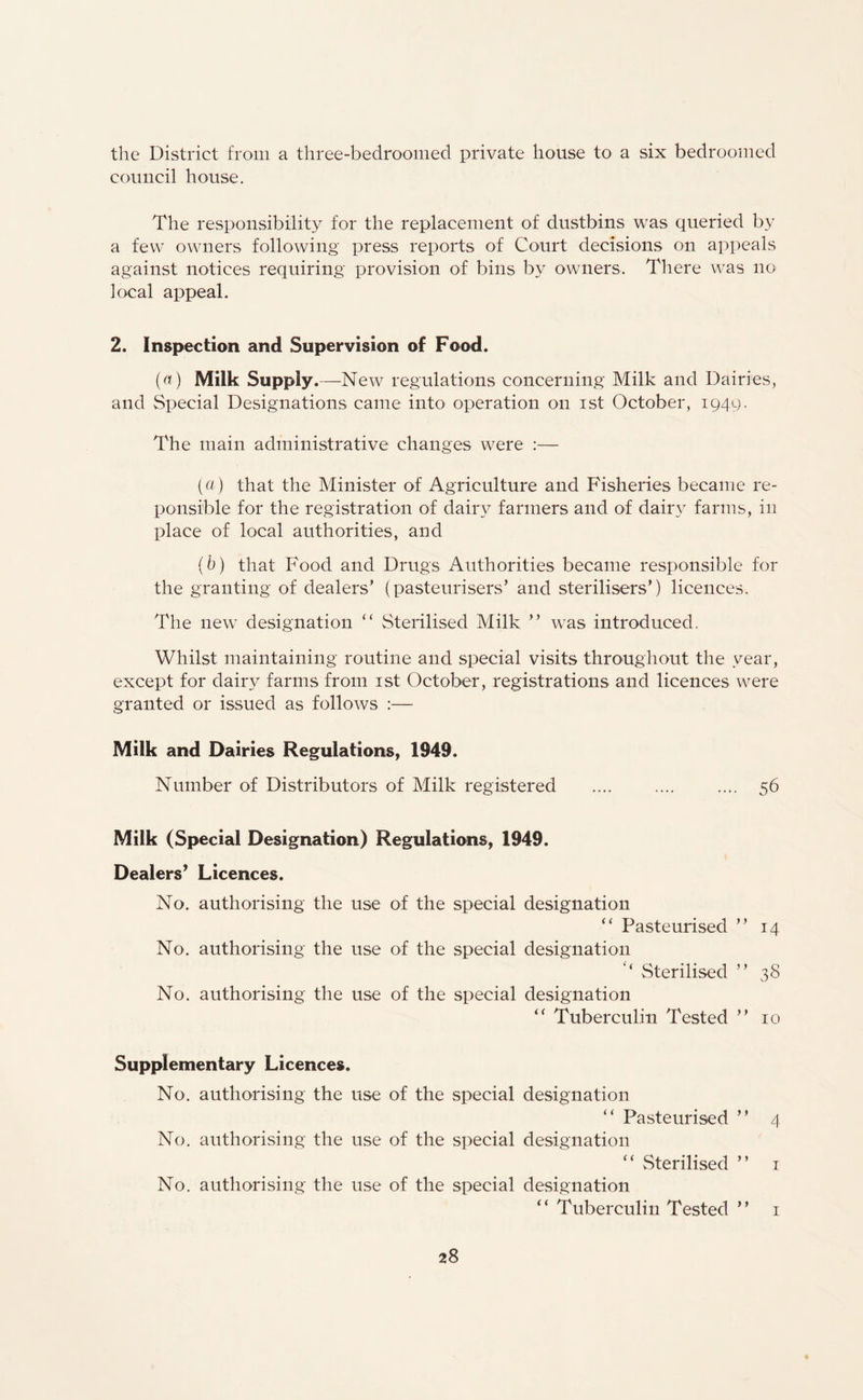 the District from a three-bedroomed private house to a six bedroomed council house. The responsibility for the replacement of dustbins was queried by a few owners following press reports of Court decisions on appeals against notices requiring provision of bins by owners. There was no local appeal. 2. Inspection and Supervision of Food. («■) Milk Supply. —New regulations concerning Milk and Dairies, and Special Designations came into operation on ist October, 1949. The main administrative changes were :— (a) that the Minister of Agriculture and Fisheries became re- ponsible for the registration of dairy farmers and of dairy farms, in place of local authorities, and (b) that Food and Drugs Authorities became responsible for the granting of dealers’ (pasteurisers’ and sterilisers’) licences. The new designation “ Sterilised Milk ” was introduced. Whilst maintaining routine and special visits throughout the year, except for dairy farms from ist October, registrations and licences were granted or issued as follows :— Milk and Dairies Regulations, 1949. Number of Distributors of Milk registered .... .... .... 56 Milk (Special Designation) Regulations, 1949. Dealers’ Licences. No. authorising the use of the special designation “ Pasteurised ” 14 No. authorising the use of the special designation ‘‘ Sterilised ” 38 No. authorising the use of the special designation <f Tuberculin Tested ” 10 Supplementary Licences. No. authorising the use of the special designation “ Pasteurised ” 4 No. authorising the use of the special designation “ Sterilised ” 1 No. authorising the use of the special designation “ Tuberculin Tested ” 1