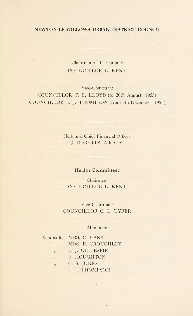 NEWTON-LE-WILLOWS URBAN DISTRICT COUNCIL Chairman of the Council: COUNCILLOR L. KENT Vice-Chairman: COUNCILLOR T. E. LLOYD (to 20th August, 1955) COUNCILLOR E. J. THOMPSON (from 6th December, 1955) Clerk and Chief Financial Officer: J. ROBERTS, A.R.V.A. Health Committee: Chairman: COUNCILLOR L. KENT Vice-Chairman: COUNCILLOR C. L. TYRER Members: Councillor MRS. C. CARR „ MRS. E. CROUCHLEY „ E. J. GILLESPIE „ F. HOUGHTON C. S. JONES E. J. THOMPSON