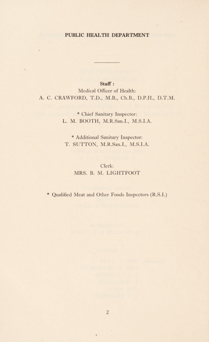 PUBLIC HEALTH DEPARTMENT Staff: Medical Officer of Health: A. C. CRAWFORD, T.D., M.B., Ch.B., D.P.H., D.T.M. * Chief Sanitary Inspector: L. M. BOOTH, M.R.San.I., M.S.I.A. * Additional Sanitary Inspector: T. SUTTON, M.R.San.I., M.S.I.A. Clerk: MRS. B. M. LIGHTFOOT * Qualified Meat and Other Foods Inspectors (R.S.I.)