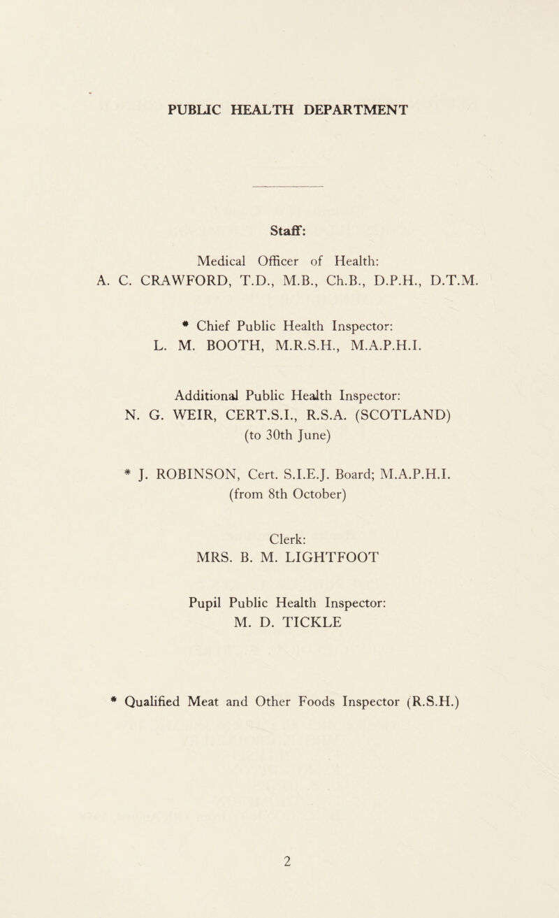 PUBLIC HEALTH DEPARTMENT Staff: Medical Officer of Health: A. C. CRAWFORD, T.D., M.B., Ch.B., D.P.H., D.T.M. # Chief Public Health Inspector: L. M. BOOTH, M.R.S.H., M.A.P.H.I. Additional Public Health Inspector: N. G. WEIR, CERT.S.I., R.S.A. (SCOTLAND) (to 30th June) * J. ROBINSON, Cert. S.I.E.J. Board; M.A.P.H.I. (from 8th October) Clerk: MRS. B. M. LIGHTFOOT Pupil Public Health Inspector: M. D. TICKLE * Qualified Meat and Other Foods Inspector (R.S.H.)