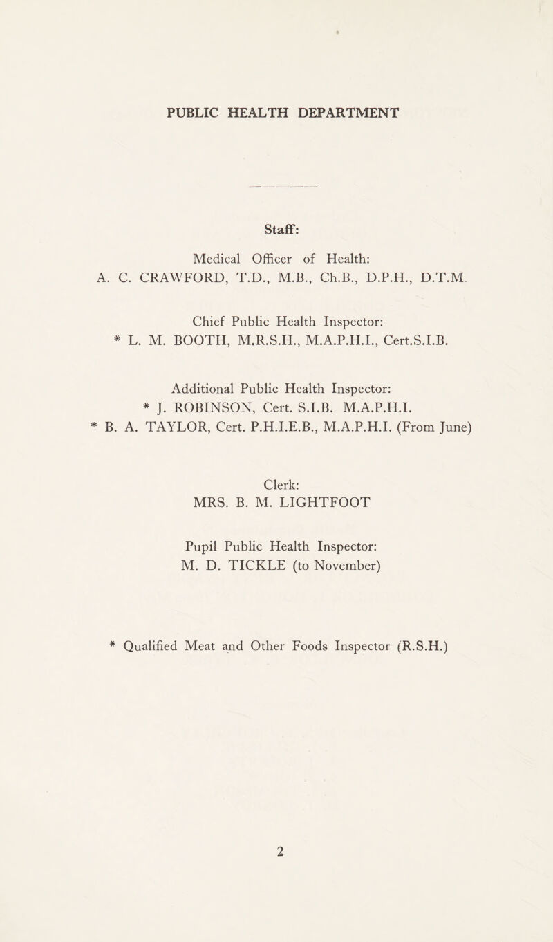 PUBLIC HEALTH DEPARTMENT Staff: Medical Officer of Health: A. C. CRAWFORD, T.D., M.B., Ch.B., D.P.H., D.T.M Chief Public Health Inspector: * L. M. BOOTH, M.R.S.H., M.A.P.H.I., Cert.S.I.B. Additional Public Health Inspector: * J. ROBINSON, Cert. S.I.B. M.A.P.H.I. * B. A. TAYLOR, Cert. P.H.I.E.B., M.A.P.H.I. (From June) Clerk: MRS. B. M. LIGHTFOOT Pupil Public Health Inspector: M. D. TICKLE (to November) * Qualified Meat and Other Foods Inspector (R.S.H.)