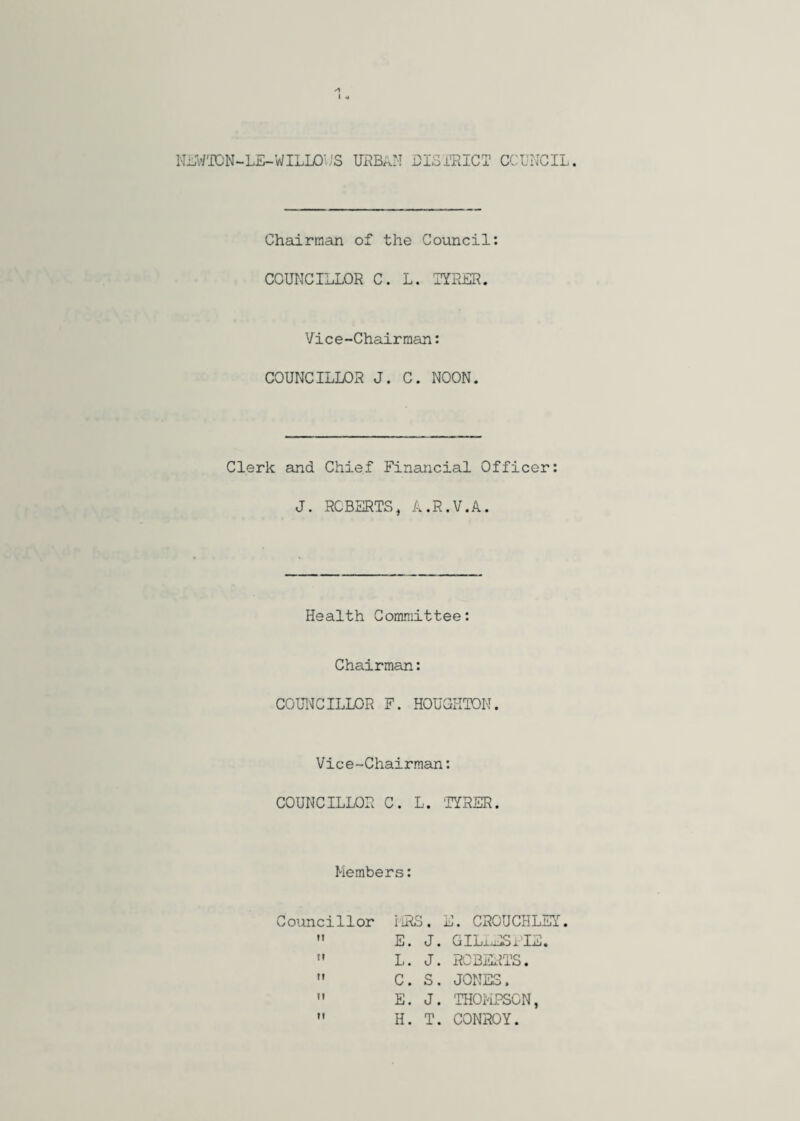 NEWTON-LE-WILLO' ,'S URBAN DISTRICT COUNCIL. Chairman of the Council: COUNCILLOR C. L. TYRER. Vice-Chairman: COUNCILLOR J. C. NOON. Clerk and Chief Financial Officer: J. ROBERTS, A.R.V.A. Health Committee: Chairman: COUNCILLOR F. HOUGHTON. Vice-Chairman: COUNCILLOR C. L. TYRER. Members: Councillor MRS. E. CROUCHLEY.  E. J. GILLESPIE.  L. J. ROBERTS.  C. S. JONES.  E. J. THOMPSON,  H. T. CONROY.