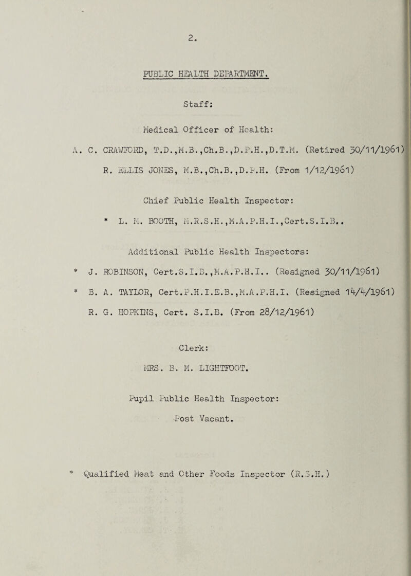 PUBLIC HEALTH DEPARTMENT. Staff: Medical Officer of Health: A. C. CRAWFORD, T.D.,M.3.,Ch.B.,D.P.H.,D.T.M. (Retired 30/II/I961) R. ELLIS JONES, M.B. ,Ch.B. ,D.P.H. (From l/l2/l9ol) Chief Public Health Inspector: * L. M. BOOTH, H.R.S,H.,M.A,P.H.I.,Cert.S.I.B.. Additional Public Health Inspectors: * J. ROBINSON, Cert.S.I.B.,M.A.P.H.I.. (Resigned 30/II/I961) * B. A. TAYLOR, Cert.P.H.I.E.B.,M.A.P.H.I. (Resigned 14/4/1961) R. G. HOPKINS, Cert. S.I.B. (From 28/12/1961) Clerk: MRS. B. M. LIGHTFOOT. Pupil Public Health Inspector: •Post Vacant. * Qualified Meat and Other Foods Inspector (R.3.H.)