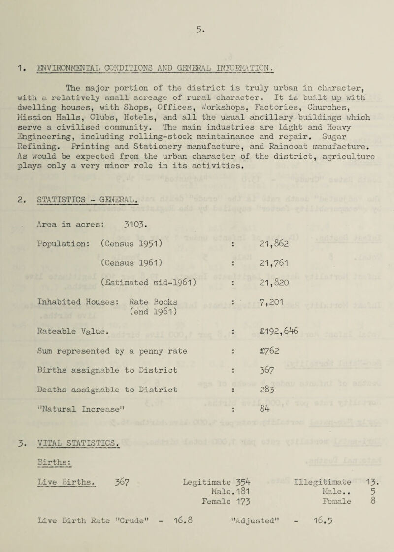1. ENVIRONMENTAL CONDITIONS AND GENERAL INFORMATION. The major portion of the district is truly urban in character, with a relatively small acreage of rural character. It is built up with dwelling houses, with Shops, Offices, Workshops. Factories, Churches, Mission Halls, Clubs, Hotels, and all the usual ancillary buildings which serve a civilised community. The main industries are Light and Heavy Engineering, including rolling-stock maintainance and repair. Sugar Refining. Printing and Stationery manufacture, and Raincoat manufacture. As would be expected from the urban character of the district, agriculture plays only a very minor role in its activities. 2. STATISTICS - GENERAL. Area in acres: 3103- Population: (Census 1951) : 21,862 (Census 1961) : 21,761 (Estimated mid-196l) : 21,820 Inhabited Houses: Rate Books (end 1961) : 7,201 Rateable Value. : £192,646 Sum represented by a penny rate : £762 Births assignable to District : 367 Deaths assignable to District : 283 '■'Natural Increase : 84 3• VITAL STATISTICS. Births: Live Births, 3&7 Legitimate 354 Male.l8l Female 173 Illegitimate 13- Male .. 5 Female 8 - 16.5 Live Birth Rate ''Crude 16.8 ‘'adjusted”