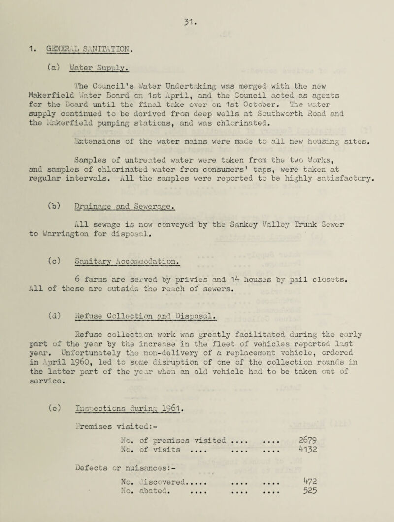 1. GENERAL SANITATION. (a) Water Supply, The Council's Water Undertaking v;as merged with the new Makerfield later Board on 1st April, and the Council acted as agents for the Board until the final take over on 1st October. The water supply continued to be derived from deep wells at Southworth Road and the BakerfieId pumping stations, and was chlorinated. Extensions of the water mains were made to all new housing sites. Samples of untreated water were taken from the two Works, and samples of chlorinated water from consumers' taps, were taken at regular intervals. All the samples were reported to be highly satisfactory. (b) Drainage and Sewerage. All sewage is now conveyed by the Sankey Valley Trunk Sewer to Warrington for disposal. (c) Sanitary Accommodation. 6 farms are served by privies and 14 houses by pail closets. All of these are outside the reach of sewers. (u) Refuse Collection and Disposal. Refuse collection work was greatly facilitated during the early part of the year by the increase in the fleet of vehicles reported last year. Unfortunately the non-delivery of a replacement vehicle, ordered in April i960, led to some disruption of one of the collection rounds in the latter part of the year when an old vehicle had to be taken out of service. (c) Insnecticns during 1961. Dremises visited No. of premises visited .. 2679 No. of visits .... . 4132 Defects or nuisances:- No. discovered. . 472 No. abated. .... ... 525