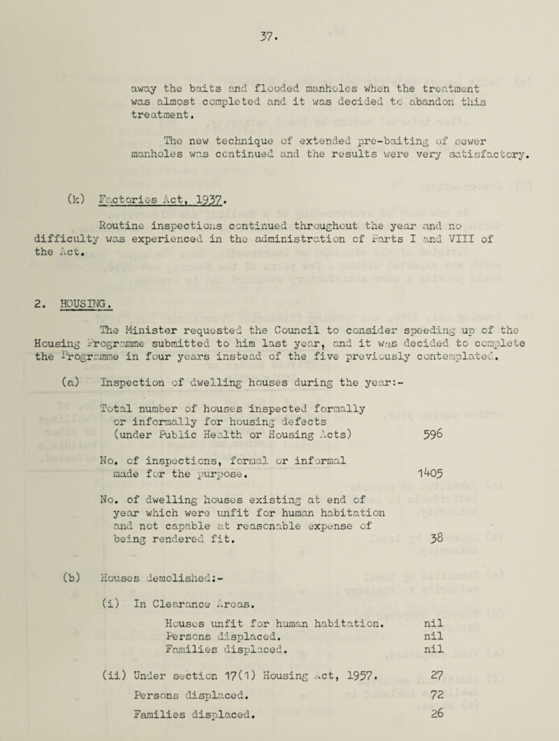 away the baits and flooded manholes when the treatment was almost completed and it was decided to abandon this treatment. The new technique of extended pre-baiting of sewer manholes was continued and the results were very satisfactory. (k) Factories Act, 1937. Routine inspections continued throughout the year and no difficulty was experienced in the administration of Farts I .and VIII of the Act. 2. HOUSING. The Minister requested the Council to consider speeding up of the Housing Programme submitted to him last year, and it was decided to complete the Programme in four years instead of the five previously contemplated. (a) Inspection of dwelling houses during the year:- Total number of houses inspected formally or informally for housing defects (under Public Health or Housing Acts) 596 No. of inspections, formal or informal made for the purpose. 1405 No. of dwelling houses existing at end of year which were unfit for human habitation and not capable at reasonable expense of being rendered fit. 38 (b) Houses demolished; (i) In Clearance Areas. Houses unfit for human habitation. Persons displaced. Families displaced. nil nil nil (ii) Under section 17(1) Housing ->.ct, 1957* Persons displaced. Families displaced. 27 72 26