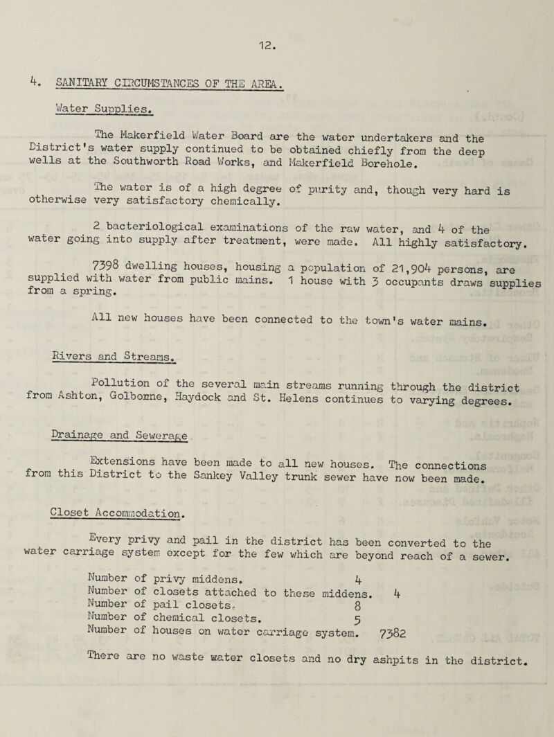 Water Supplies, The Makerfield Water Board are the water undertakers and the District’s water supply continued to be obtained chiefly from the deep wells at the Southworth Road Works, and Makerfield Borehole. ±he water is of a high degree of purity and, though very hard is otherwise very satisfactory chemically. 2 bacteriological examinations of the raw water, and 4 of the water going into supply after treatment, were made. All highly satisfactory. 7398 dwelling houses, housing a population of 21,904 persons, are supplied with water from public mains. 1 house with 3 occupants draws supplie from a spring. All new houses have been connected to the town's water mains. Rivers and Streams. Pollution of the several main streams running through the district from Ashton, Golbonne, Haydock and St. Helens continues to varying degrees. Drainage and Sewerage Extensions have been made to all new nouses. The connections from this District to the Sankey Valley trunk sewer have now been made. Closet Accommodation. Every privy and pail in the district has been converted to the water carriage system except for the few which are beyond reach of a sewer. Number of privy middens. 4 Number of closets attached to these middens. 4 Number of pail closets. 8 Number of chemical closets. 5 Number of houses on water carriage system. 7382 There are no waste water closets and no dry ashpits in the district.