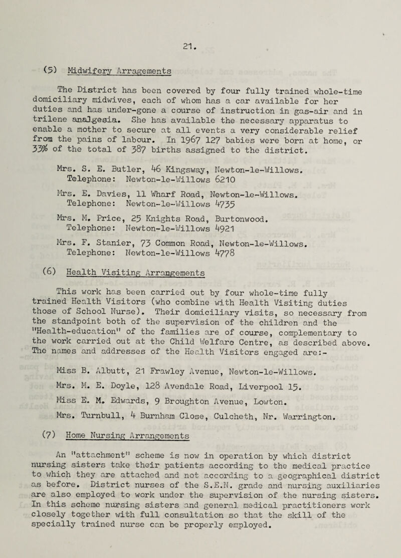 (5) Midwifery Arragements The District has been covered by four fully trained whole-time domiciliary midwives, each of whom has a car available for her duties and has under-gone a course of instruction in gas-air and in trilene anaXgesia. She has available the necessary apparatus to enable a mother to secure at all events a very considerable relief from the pains of labour. In 1967 127 babies were born at home, or 33% of the total of 387 births assigned to the district. Mrs. S. E. Butler, 46 Kingsway, Newton-le-Willows. Telephone: Newton-le-Willows 6210 Mrs. E. Davies, 11 Wharf Road, Newton-le-Willows, Telephone: Newton-le-Willows 4733 Mrs. M. Price, 23 Knights Road, Burtonwood. Telephone: Newton-le-Willows 4921 Mrs. F, Stanier, 73 Common Road, Newton-le-Willows. Telephone: Newton-le-Willows 4778 (6) Health Visiting Arrangements This work has been carried out by four whole-time fully trained Health Visitors (who combine with Health Visiting duties those of School Nurse). Their domiciliary visits, so necessary from the standpoint both of the supervision of the children and the Health-education of the families are of course, complementary to the work carried out at the Child Welfare Centre, as described above. The names and addresses of the Health Visitors engaged are:- Miss B. Albutt, 21 Frawley Avenue, Newton-le-Willows. Mrs. M. E. Doyle, 128 Avendale Road, Liverpool 13. Miss E. M* Edwards, 9 Broughton Avenue, Lowton. Mrs, Turnbull, 4 Burnham Close, Culcheth, Nr. Warrington. (7) Home Nursing Arrangements An ''attachment'’ scheme is now in operation by which district nursing sisters take their patients according to the medical practice to which they are attached and not according to a geographical district a.s before. District nurses of the S.E.N. grade and nursing auxiliaries are also employed to work under the supervision of the nursing sisters. In this scheme nursing sisters and general medical practitioners work closely together with full consultation so that the skill of the specially trained nurse can be properly employed.