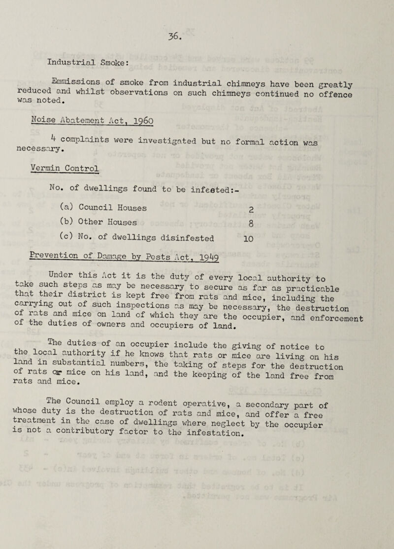 Industrial Smoke: Emmissions of smoke from industrial chimneys have been greatly reduced and whilst observations on such chimneys continued no offence was noted. Noise Abatement Act, i960 4 complaints were investigated but no formal action was necessary. Vermin Control No. of dwellings found to be infested (a) Council Houses (b) Other Houses (c) No. of dwellings disinfested Prevention of Damage by Pests Act. 1949 Under this Act it is the duty of every local authority to f1UCh steps as be necessary to secure as far as practicable that their district is kept free from rats and mice, including the carrying out of such inspections as may be necessary, the destruction ° mlC? °n land °f which theN are the occupier, and enforcement 01 tne duties of owners and occupiers of land. 2 8 10 The duties of an occupier include the giving of notice to the local authority if he knows that rats or mice are living on his land in substantial numbers, the taking of steps for the destruction of rats cor mice on his land, and the keeping of the land free from rats and mice. xhe Council employ a rodent operative, a secondary part of whose duty is the destruction of rats and mice, and offer a free treatment in the case of dwellings where neglect by the occupier is not a contributory factor to the infestation.