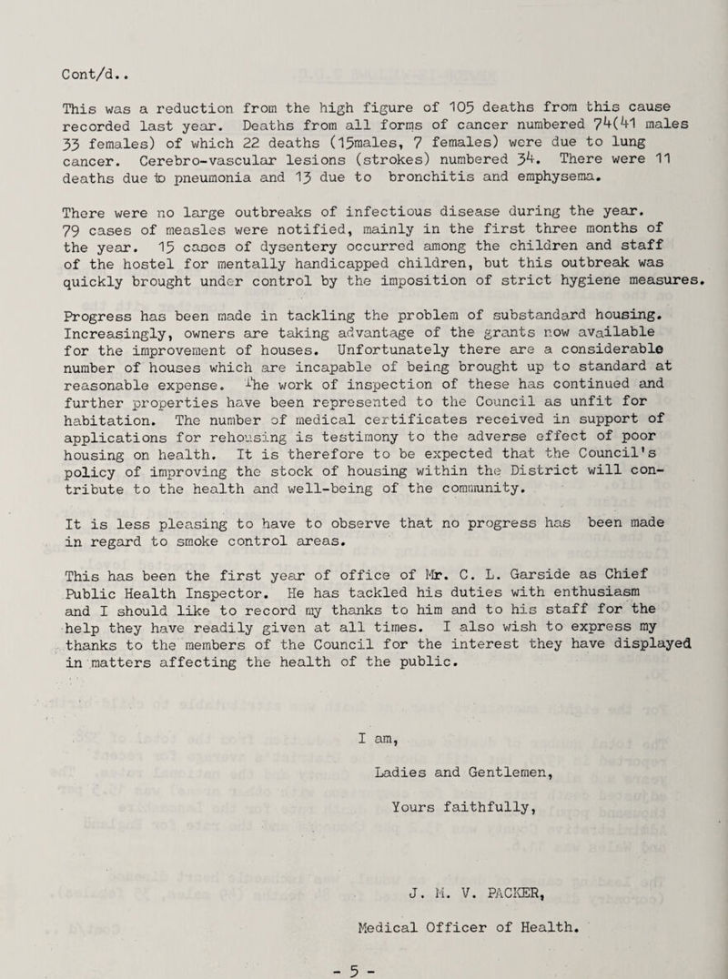 This was a reduction from the high figure of 105 deaths from this cause recorded last year. Deaths from all forms of cancer numbered 74(41 males 33 females) of which 22 deaths (I5males, 7 females) were due to lung cancer. Cerebro-vascular lesions (strokes) numbered 34. There were 11 deaths due to pneumonia and 13 due to bronchitis and emphysema. There were no large outbreaks of infectious disease during the year. 79 cases of measles were notified, mainly in the first three months of the year. 15 cases of dysentery occurred among the children and staff of the hostel for mentally handicapped children, but this outbreak was quickly brought under control by the imposition of strict hygiene measures. Progress has been made in tackling the problem of substandard housing. Increasingly, owners are taking advantage of the grants now available for the improvement of houses. Unfortunately there are a considerable number of houses which are incapable of being brought up to standard at reasonable expense. J-'he work of inspection of these has continued and further properties have been represented to the Council as unfit for habitation. The number of medical certificates received in support of applications for rehousing is testimony to the adverse effect of poor housing on health. It is therefore to be expected that the Council's policy of improving the stock of housing within the District will con¬ tribute to the health and well-being of the community. It is less pleasing to have to observe that no progress has been made in regard to smoke control areas. This has been the first year of office of Mr. C. L. Garside as Chief Public Health Inspector. He has tackled his duties with enthusiasm and I should like to record my thanks to him and to his staff for the help they have readily given at all times. I also v/ish to express my thanks to the members of the Council for the interest they have displayed, in matters affecting the health of the public. I am, Ladies and Gentlemen, Yours faithfully, J. M. V. PACKER, Medical Officer of Health.