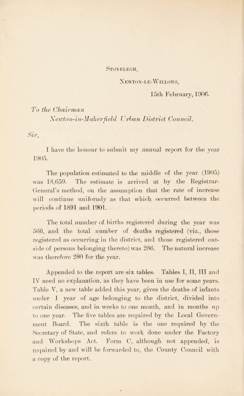 Stonelegh, N ewton-le-Willows, 15th February, 1006- To the Chairman Newton-in-Maherheld Urban District Council. •< nr • I have the honour to submit my annual report for the year 1905. The population estimated to the middle of the year (1905) was 18,659. The estimate is arrived at by the Registrar- General’s method, on the assumption that the rate of increase will continue uniformly as that which occurred between the periods of 1891 and 1901. The total number of births registered during the year was 566, and the total number of deaths registered (viz., those registered as occurring in the district, and those registered out¬ side of persons belonging thereto) was 286. The natural increase was therefore 280 for the year. Appended to the report are six tables. Tables I, II, III and IV need no explanation, as they have been in use for some years. 'Table V, a new table added this year, gives the deaths of infants under 1 year of age belonging to the district, divided into certain diseases, and in weeks to one month, and in months up to one year. The live tables are required by the Local Govern¬ ment Board. The sixth table is the one required by the Secretary of State, and refers to work done under the Factory and Workshops Act. Form C, although not appended, is required by and will be forwarded to, the County Council with a copy of the report.
