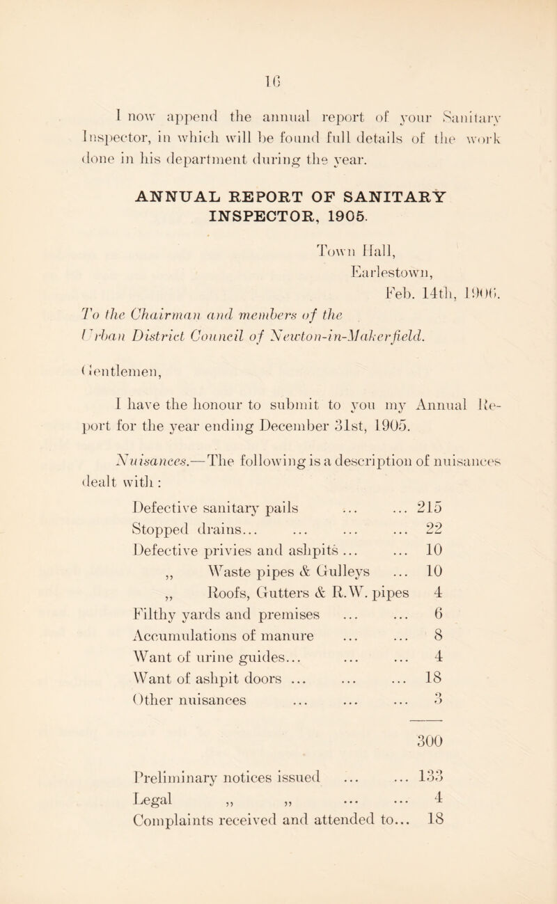 I now append the annual report of your Sanitary Inspector, in which will be found full details of the work done in his department during the year. ANNUAL REPORT OF SANITARY INSPECTOR, 1905. Town Hall, Earlestown, Feb. 14th, 190(5, To the Chairman and members of the Urban District Council of Neivton-in-M ah erfield. (lentlemen, I have the honour to submit to you my Annual Re¬ port for the year ending December 31st, 1905. Nuisances.— The following is a description of nuisances dealt with : Defective sanitary pails ... ... 215 Stopped drains... ... ... ... 22 Defective privies and ashpits ... ... 10 ,, Waste pipes & Gulleys ... 10 „ Roofs, Gutters & R.W. pipes 4 Filthy yards and premises ... ... 6 Accumulations of manure ... ... 8 Want of urine guides... ... ... 4 Want of ashpit doors ... ... ... 18 Other nuisances ... ... ... 3 300 Preliminary notices issued ... ... 133 Legal ,, „ ... ... 4 Complaints received and attended to... 18