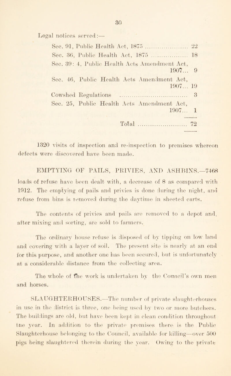 Legal notices served:— Sec. 91, Public Health Act, 1S75 . 22 Sec. 36, Public Health Act, 1875 . 18 Sec. 39: 4, Public Health Acts Amendment Act, 1907... 9 Sec. 46, Public Health Acts Amendment Act, 1907... 19 Cowshed Regulations! . 3 Sec. 25, Public Health Acts Amendment Act, 1907... 1 Total . 72 1320 visits of inspection and re-inspection to premise® whereon defects were discovered have been made. EMPTYING OF PAILS, PRIVIES, AND ASHBINS.—7468 loads of refuse have been dealt with, a decrease of 8 as compared with 1912. The emptying of pails and privies is done during the night, and refuse from bins is removed during the daytime in sheeted carts. The contents of privies and pails are removed to a depot and. after mixing and sorting, are sold to farmers. The ordinary house refuse is disposed of by tipping on low land and covering with a layer of soil. The present site is nearly at an end for this purpose, and another one has been secured, but is unfortunately at a considerable distance from the collecting area. The whole of fhe work is undertaken by the Council’s own men and horses. SLAUGHTERHOUSES.—The number of private slaughterhouses in use in the district is three, one being used by two or more butchers. The buildings are old, but have been kept in clean condition throughout tne year. In addition to the private premises there is the Public Slaughterhouse belonging to the Council, available for killing—over 500 pigs being slaughtered therein during the year. Owing to the private