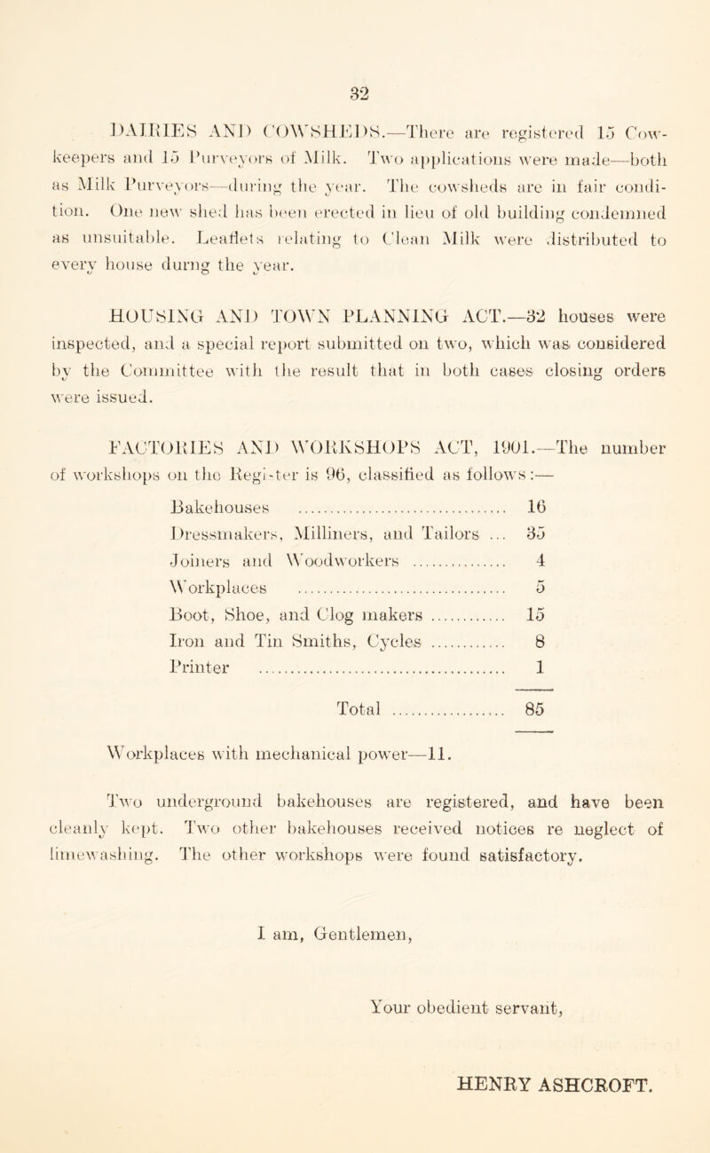 DAIRIES AND COWSHEDS.—There are registered 15 Cow- keepers and 15 Purveyors of Milk. Two applications were made—both as Milk Purveyors—during the year. The cowsheds are in fair condi- i O xJ tion. One new shed has been erected in lieu of old building condemned as unsuitable. Leaflets relating to Clean Milk were distributed to every house durng the year. HOUSING AND TOWN PLANNING ACT.—32 houses were inspected, and a special report submitted on two, which was considered by the Committee with the result that in both cases closing orders tj o were issued. FACTORIES AND WORKSHOPS ACT, 1901.—The number of workshops on the Reg!-ter is 96, classified as follows:— Bakehouses . 16 Dressmakers, Milliners, and Tailors ... 85 Joiners and Woodworkers . 4 Workplaces . 5 Boot, Shoe, and Clog makers . 15 Iron and Tin Smiths, Cycles . 8 Printer . 1 Total . 85 Workplaces with mechanical power—-11. Two underground bakehouses are registered, and have been cleanly kept. Two other bakehouses received notices re neglect of limewashing. The other workshops were found satisfactory. I am, Gentlemen, Your obedient servant, HENRY ASHCROFT.