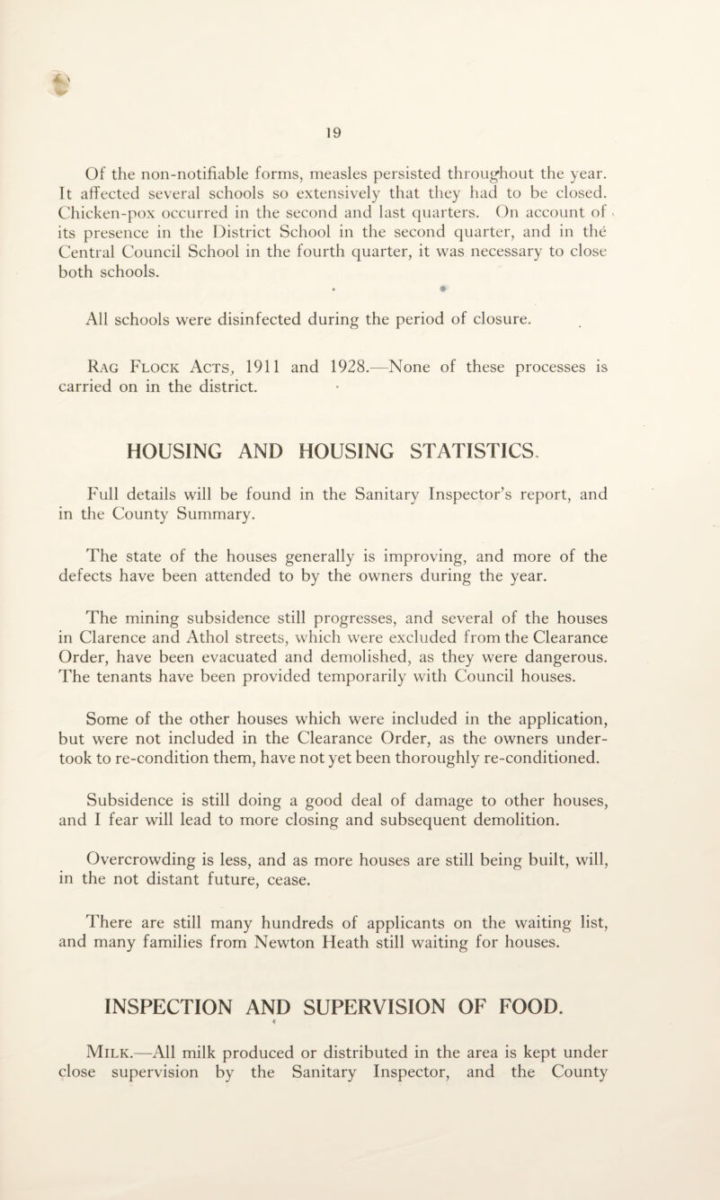 Of the non-notifiable forms, measles persisted throughout the year. It affected several schools so extensively that they had to be closed. Chicken-pox occurred in the second and last quarters. On account of * its presence in the District School in the second quarter, and in the Central Council School in the fourth quarter, it was necessary to close both schools. All schools were disinfected during the period of closure. Rag Flock Acts, 1911 and 1928.-—None of these processes is carried on in the district. HOUSING AND HOUSING STATISTICS Full details will be found in the Sanitary Inspector’s report, and in the County Summary. The state of the houses generally is improving, and more of the defects have been attended to by the owners during the year. The mining subsidence still progresses, and several of the houses in Clarence and Athol streets, which were excluded from the Clearance Order, have been evacuated and demolished, as they were dangerous. The tenants have been provided temporarily with Council houses. Some of the other houses which were included in the application, but were not included in the Clearance Order, as the owners under¬ took to re-condition them, have not yet been thoroughly re-conditioned. Subsidence is still doing a good deal of damage to other houses, and I fear will lead to more closing and subsequent demolition. Overcrowding is less, and as more houses are still being built, will, in the not distant future, cease. There are still many hundreds of applicants on the waiting list, and many families from Newton Heath still waiting for houses. INSPECTION AND SUPERVISION OF FOOD. «• Milk.—All milk produced or distributed in the area is kept under close supervision by the Sanitary Inspector, and the County