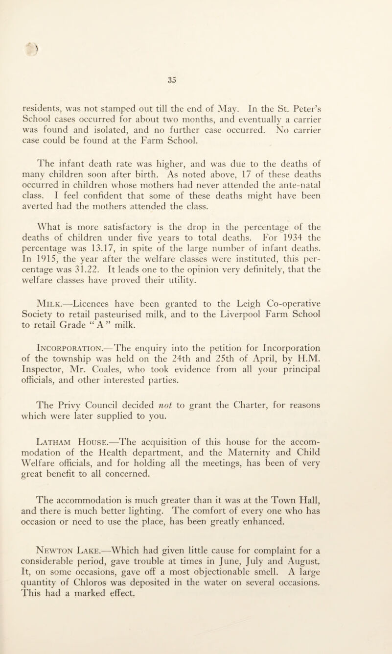 residents, was not stamped out till the end of May. In the St. Peter’s School cases occurred for about two months, and eventually a carrier was found and isolated, and no further case occurred. No carrier case could be found at the Farm School. The infant death rate was higher, and was due to the deaths of many children soon after birth. As noted above, 17 of these deaths occurred in children whose mothers had never attended the ante-natal class. I feel confident that some of these deaths might have been averted had the mothers attended the class. What is more satisfactory is the drop in the percentage of the deaths of children under five years to total deaths. For 1934 the percentage was 13.17, in spite of the large number of infant deaths. In 1915, the year after the welfare classes were instituted, this per¬ centage was 31.22. It leads one to the opinion very definitely, that the welfare classes have proved their utility. Milk.—Licences have been granted to the Leigh Co-operative Society to retail pasteurised milk, and to the Liverpool Farm School to retail Grade “ A ” milk. Incorporation.—The enquiry into the petition for Incorporation of the township was held on the 24th and 25th of April, by H.M. Inspector, Mr. Coales, who took evidence from all your principal officials, and other interested parties. The Privy Council decided not to grant the Charter, for reasons which were later supplied to you. Latham House.—The acquisition of this house for the accom¬ modation of the Health department, and the Maternity and Child Welfare officials, and for holding all the meetings, has been of very great benefit to all concerned. The accommodation is much greater than it was at the Town Hall, and there is much better lighting. The comfort of every one who has occasion or need to use the place, has been greatly enhanced. Newton Lake.—Which had given little cause for complaint for a considerable period, gave trouble at times in June, July and August It, on some occasions, gave off a most objectionable smell. A large quantity of Chloros was deposited in the water on several occasions. This had a marked effect.