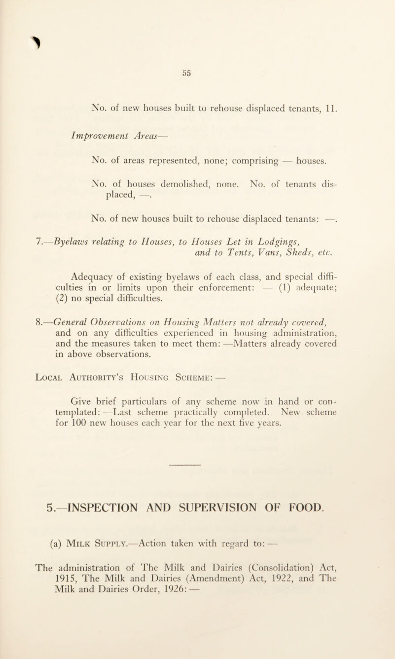 Improvement Areas— No. of areas represented, none; comprising — houses. No. of houses demolished, none. No. of tenants dis¬ placed, —. No. of new houses built to rehouse displaced tenants: —. 7. -—Byelaws relating to Houses, to Houses Let in Lodgings, and to Tents, Vans, Sheds, etc. Adequacy of existing byelaws of each class, and special diffi¬ culties in or limits upon their enforcement: — (1) adequate; (2) no special difficulties. 8. —General Observations on Housing Matters not already covered, and on any difficulties experienced in housing administration, and the measures taken to meet them: —Matters already covered in above observations. Local Authority’s Housing Scheme: — Give brief particulars of any scheme now in hand or con¬ templated: —Last scheme practically completed. New scheme for 100 new houses each year for the next five years. 5.—INSPECTION AND SUPERVISION OF FOOD (a) Milk Supply.—Action taken with regard to: — The administration of The Milk and Dairies (Consolidation) Act, 1915, The Milk and Dairies (Amendment) Act, 1922, and The Milk and Dairies Order, 1926: —