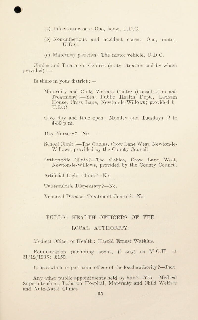 (a) Infectious, cases : One, horse, U.D.C. (b) Non-infectious and accident cases: One, motor, U.D.C. (c) Maternity patients : The motor vehicle, U.D.C. Clinics and Treatment Centres (state situation and by whom provided) : — Is there in your district: — Maternity and Child Welfare Centre (Consultation and Treatment)?—Yes; Public Health Dept., Latham House, Cross Lane, Newton-le-Willows; provided b U.D.C. Give day and time open: Monday and Tuesdays, 2 to 4-30 p.m. Day Nursery?—No. School Clinic?—The Gables, Crow Lane West, Newton-le- Willows, provided by the County Council. Orthopaedic Clinic?—The Gables, Crow Lane West, Newton-le-Willows, provided by the County Council. Artificial Light Clinic ?—No. Tuberculosis Dispensary?—No. Venereal Diseases Treatment Centre?—No. PUBLIC HEALTH OFFICERS OF THE LOCAL AUTHORITY. Medical Officer of Health: Harold Ernest Watkins. Remuneration (including bonus, if any) as M.O.H. at 31/12/1935: £150. Is he a whole or part-time officer of the local (authority ?—Part. Any other public appointments held by him?—Yes. Medical Superintendent, Isolation Hospital; Maternity and Child Welfare and Ante-Natal Clinics.